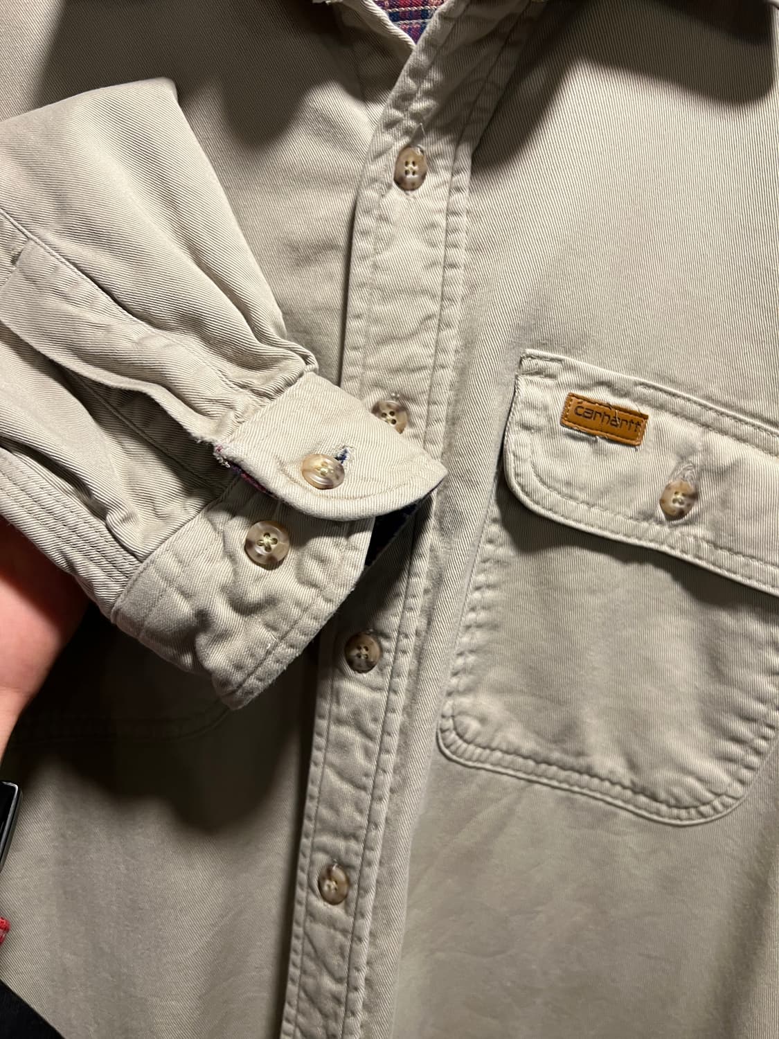 [2XL]90's 칼하트 USA 2포켓 체크 라이닝 아이보리 워크 셔츠 상품이미지6