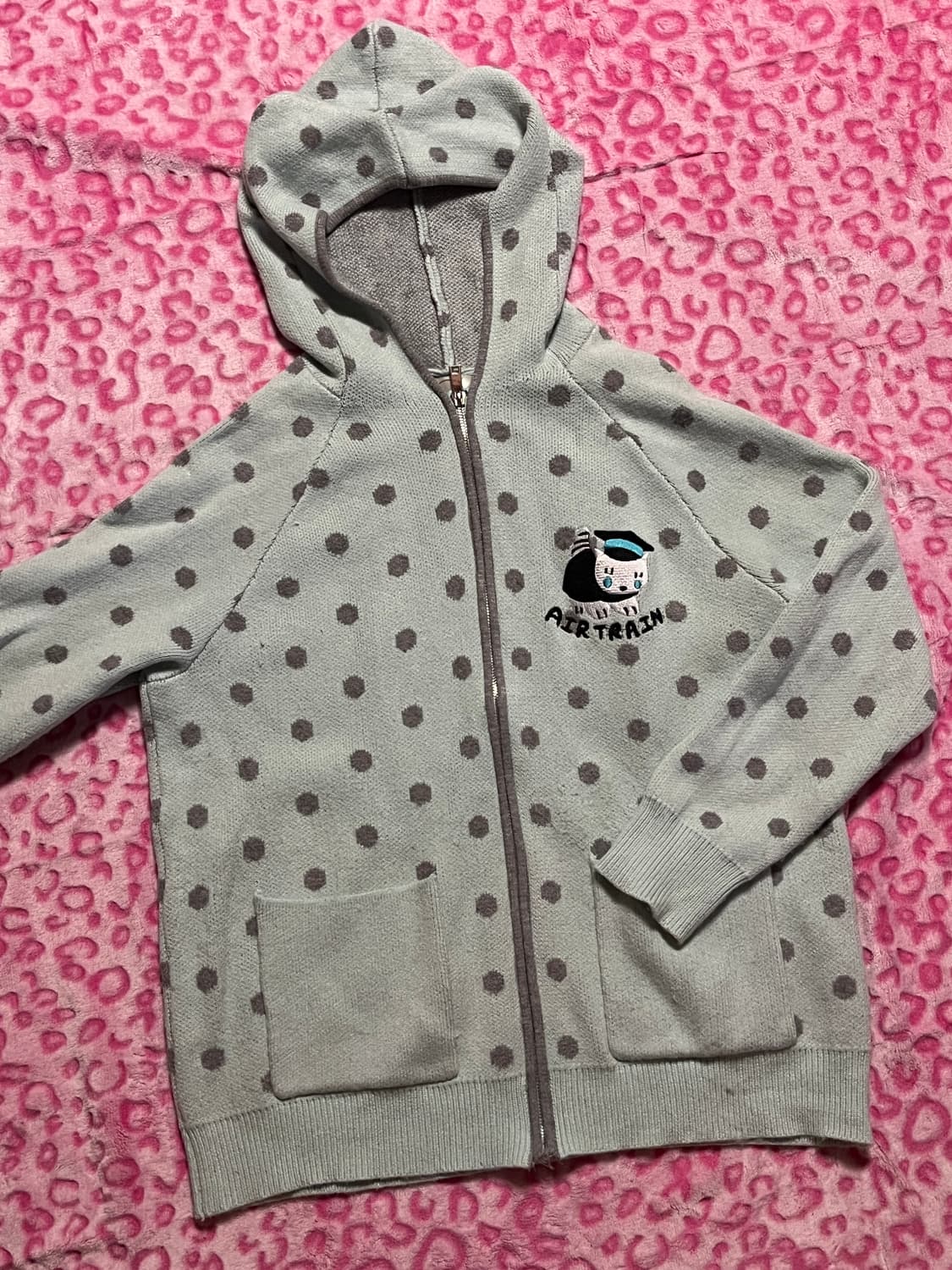 Air train 고양이귀 민트 그레이 도트 니트후드집업  상품이미지1