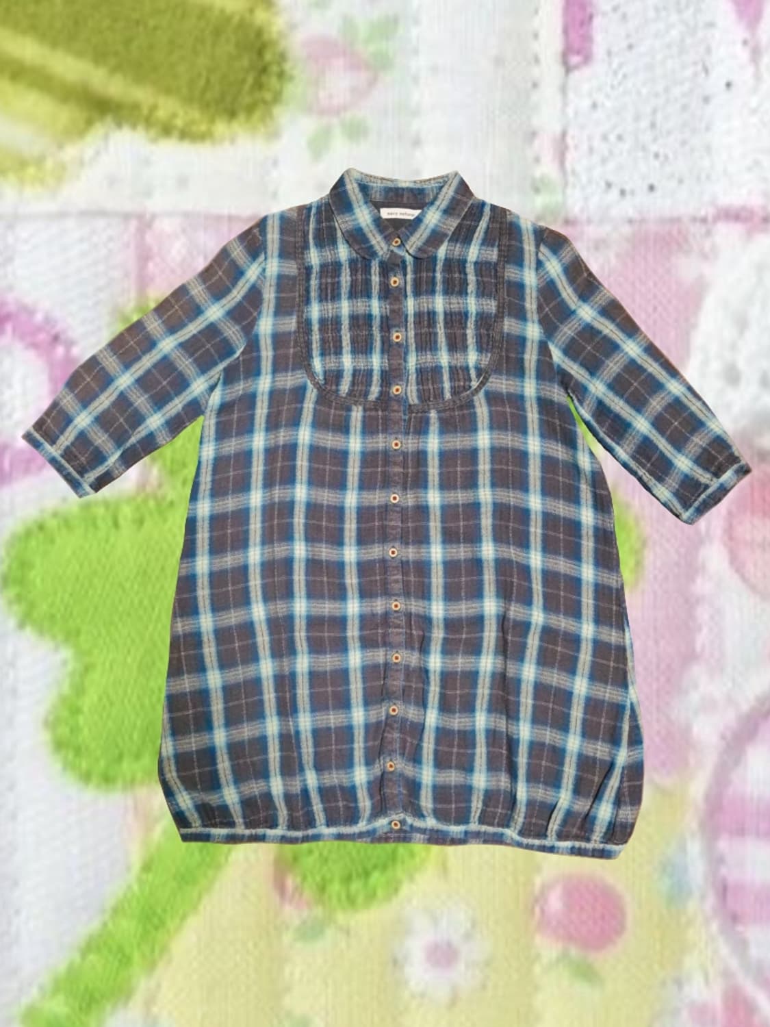 빈티지 모리걸 모리노가토 체크 셔링 셔츠 블라우스 우드단추 상품이미지1