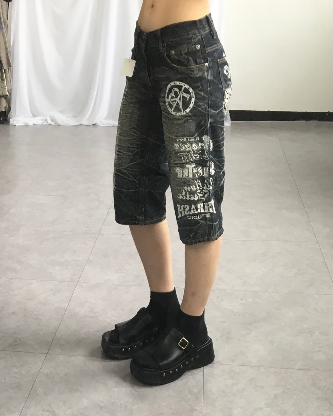 Back wing printing washing half denim pa 상품이미지10