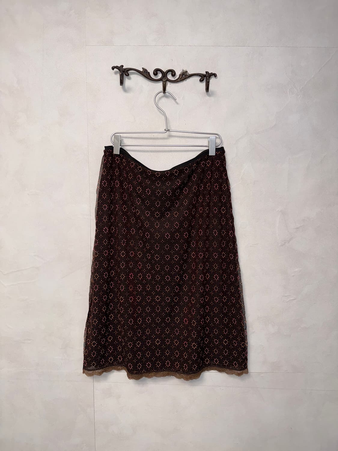 Pink brown bohemian flower midi skirt 상품이미지3