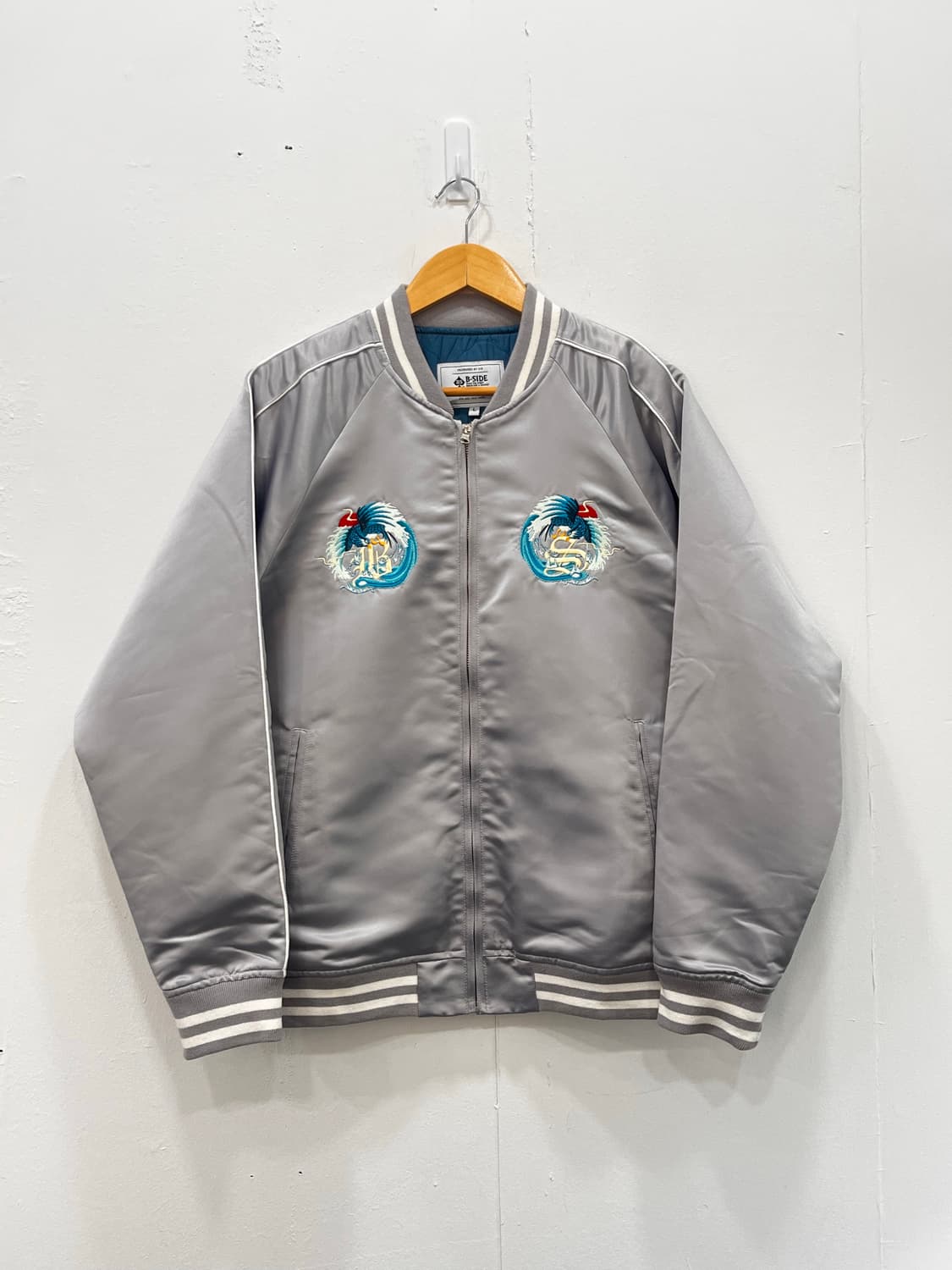 VIntage 스카잔 새틴 바시티 자켓 블루종 L 실버 상품이미지2