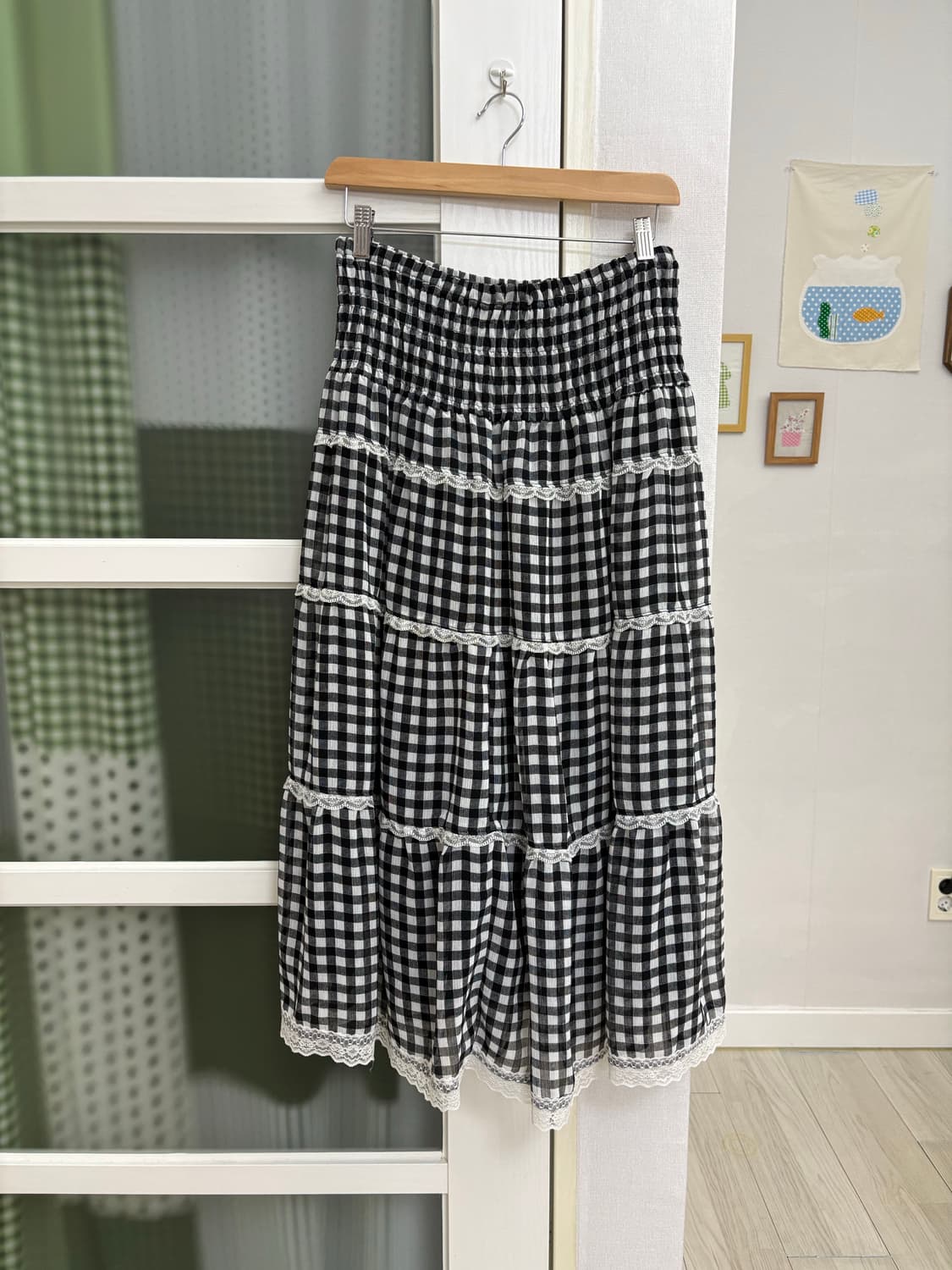 블랙 체크 레이스 롱 스커트 상품이미지6