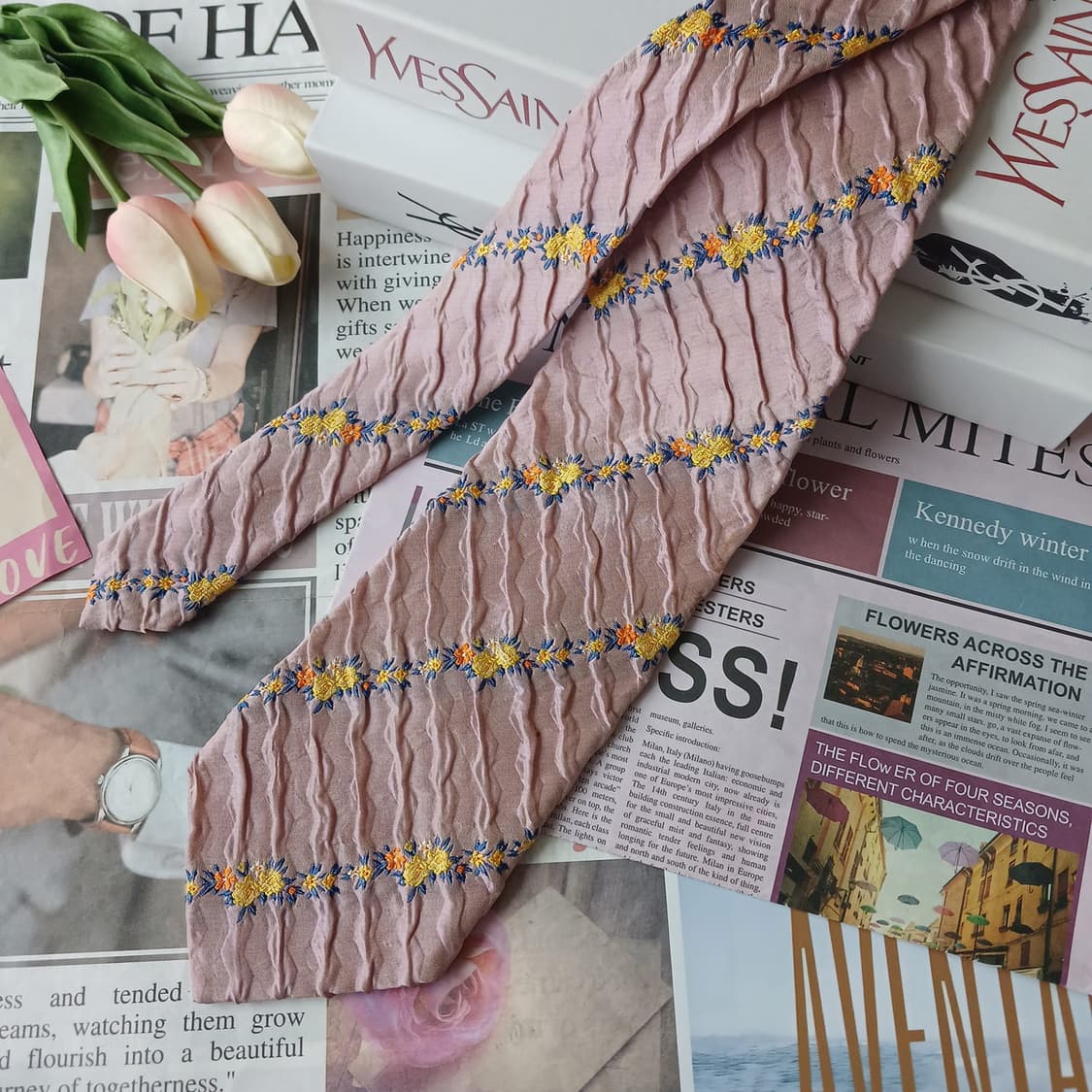 입생로랑 실크 핑크 플로럴 자카드 넥타이 10.1cm A등급 A19802 상품이미지6