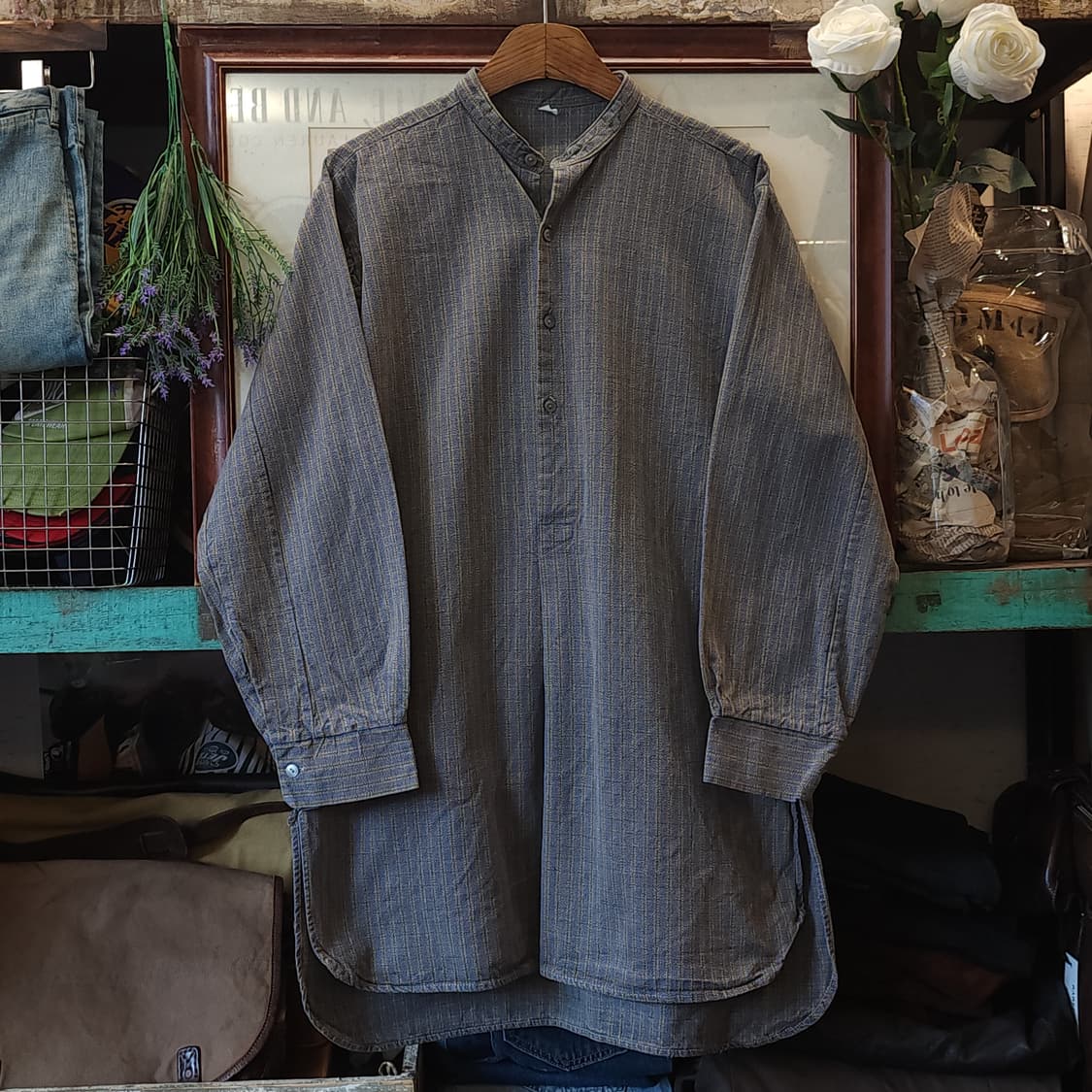 60s 프랑스 워크셔츠 헤비코튼 프렌치 셔츠 퍼플 그레이 롱 튜닉 셔츠L 상품이미지3