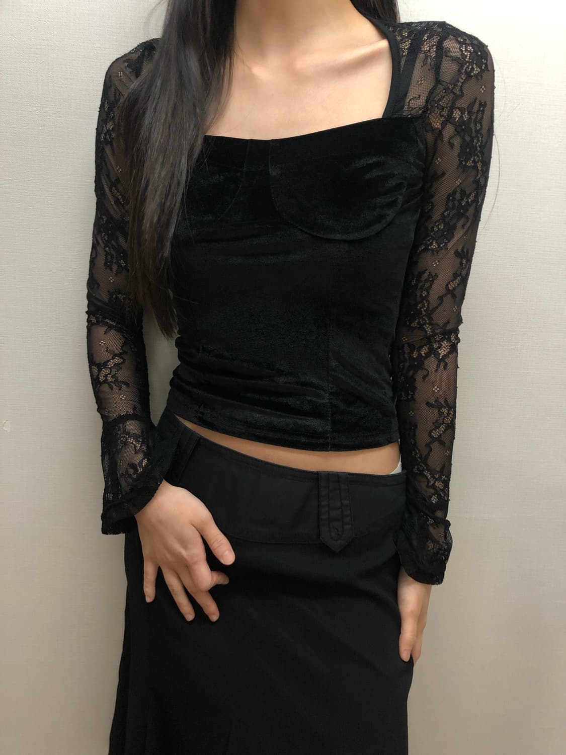 빈티지 블랙 레이스 벨벳 탑 상품이미지3