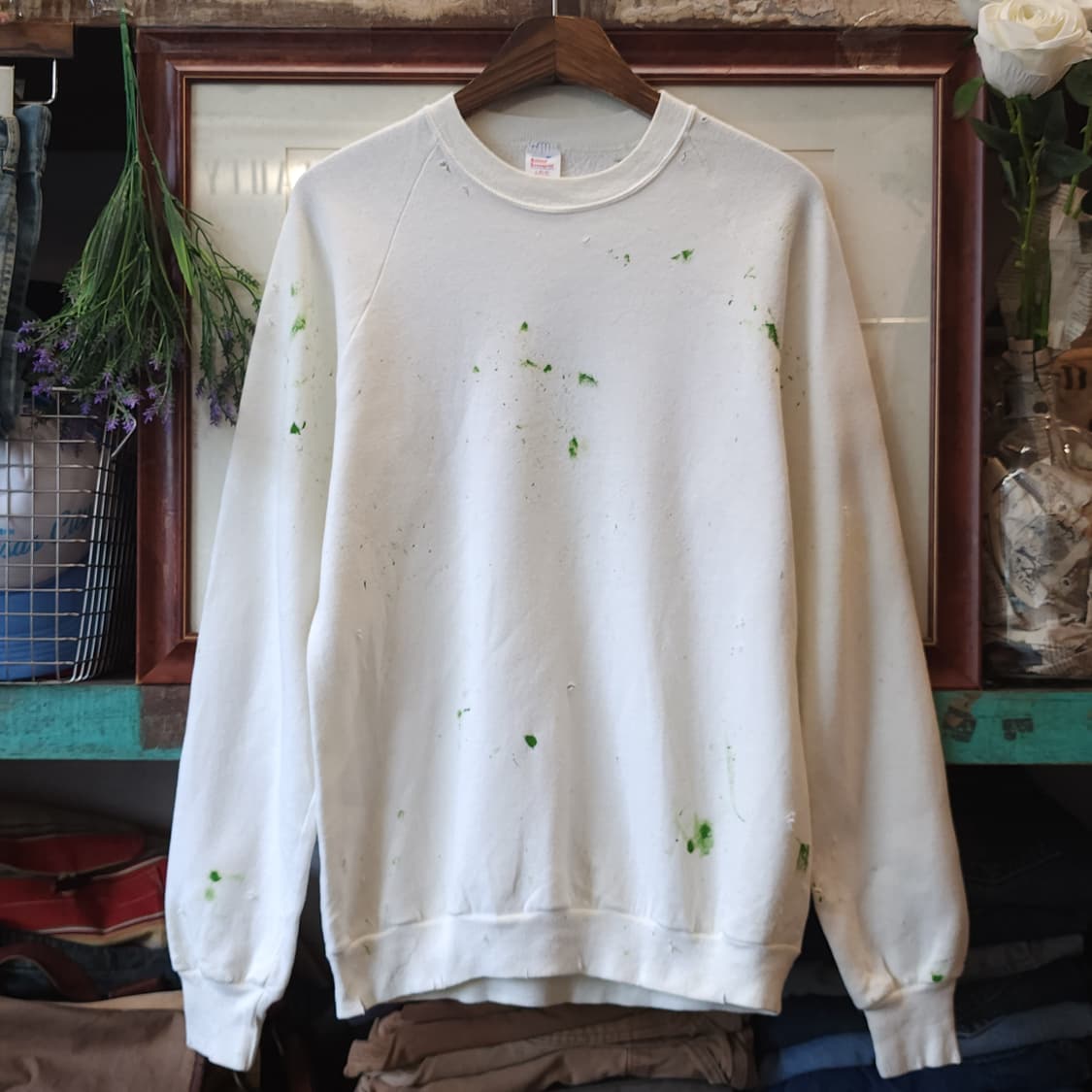 90s 빈티지 스웻셔츠 플레인 스웻셔츠 페인팅 데미지 화이트 L 상품이미지2