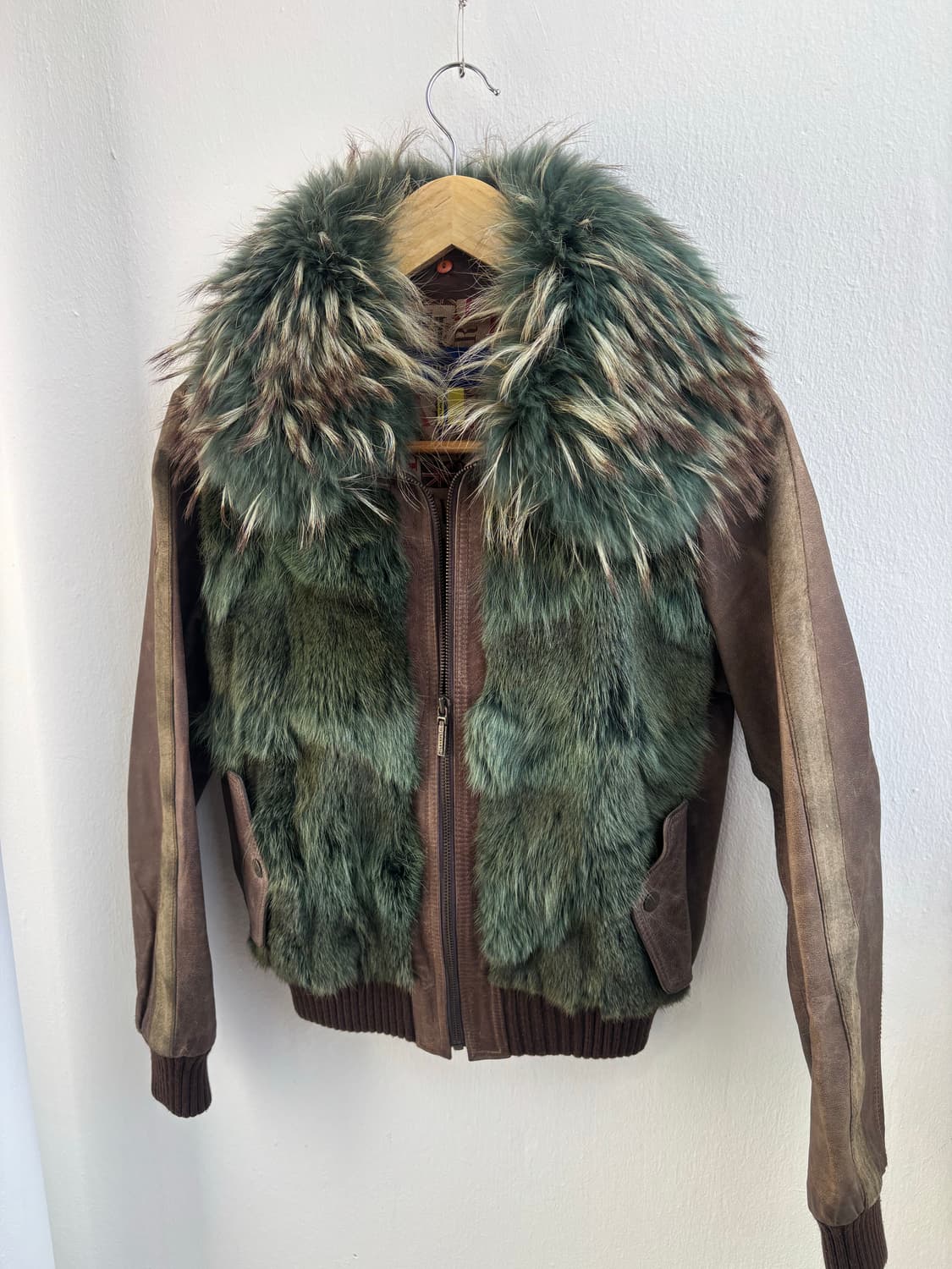 Vintage Brown Green Fur Leather Jacket 상품이미지2