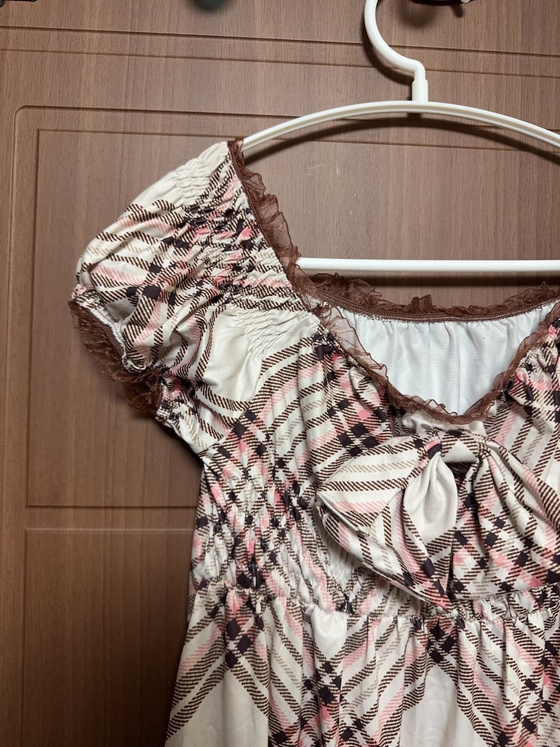 나눔) 리즈리사깔 빈티지 라떼갸루 체크 레이스 딸기초코 리본 반팔 원피스 상품이미지2