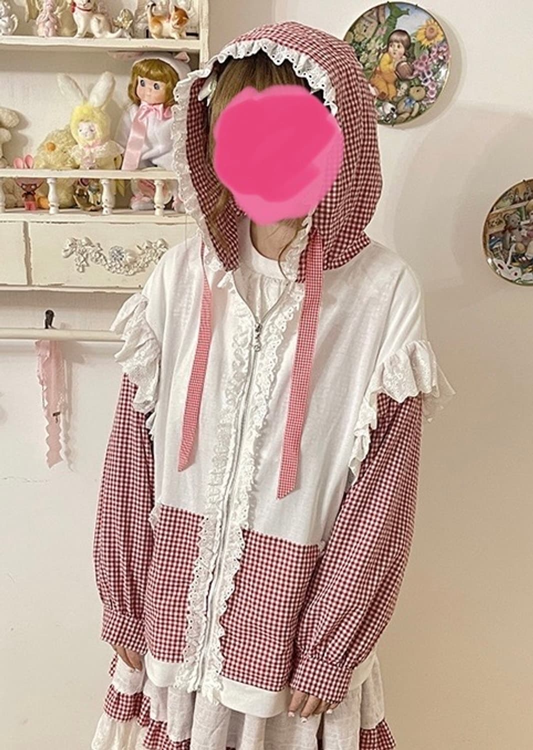프릴 레이스 깅엄 체크 후드집업 양산형 지뢰계 로리타 하라주쿠 상품이미지3