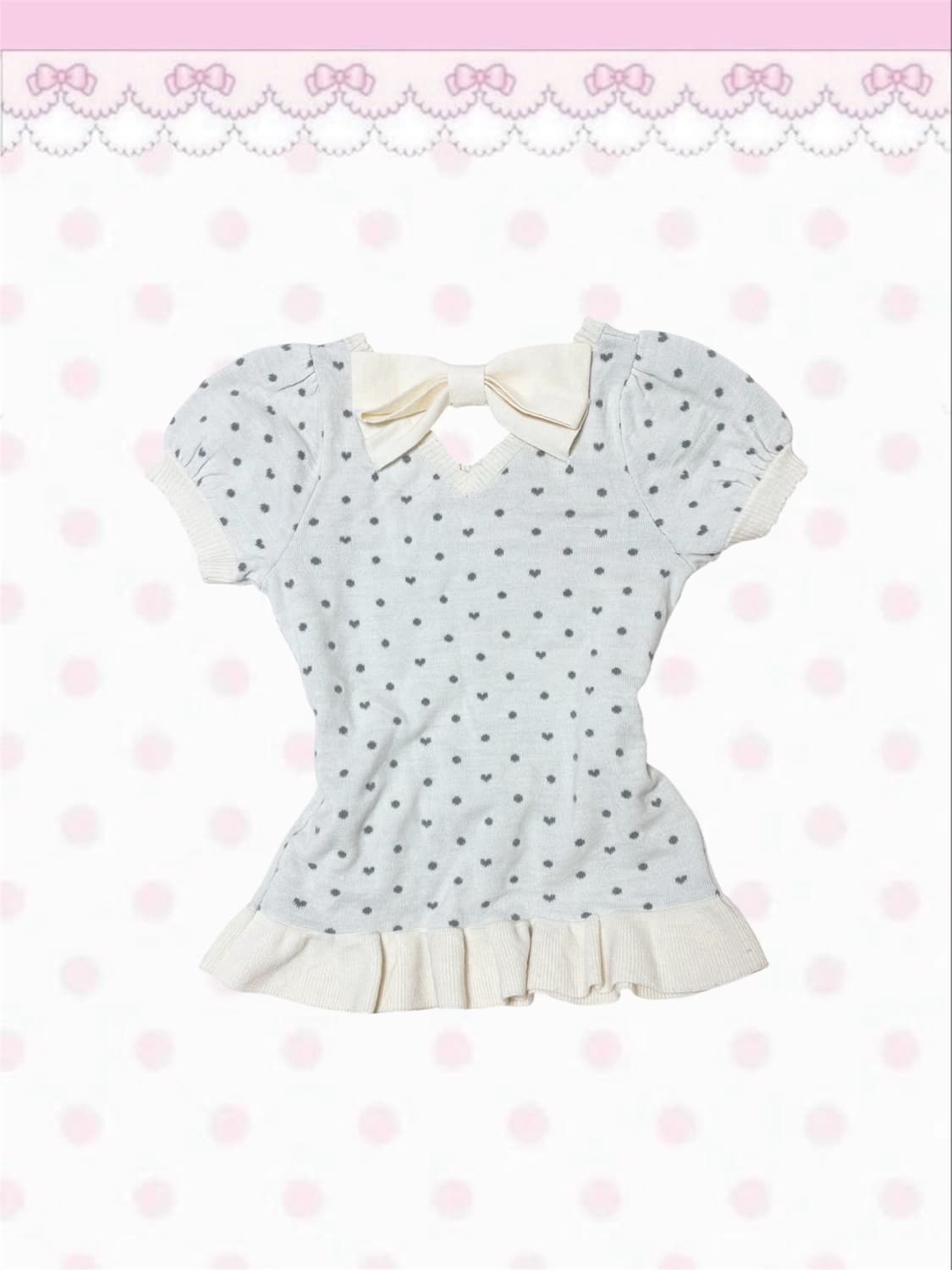 빈티지 폼포넷 백리본 프릴 아이보리 그레이 니트 반소매 티셔츠 상품이미지2