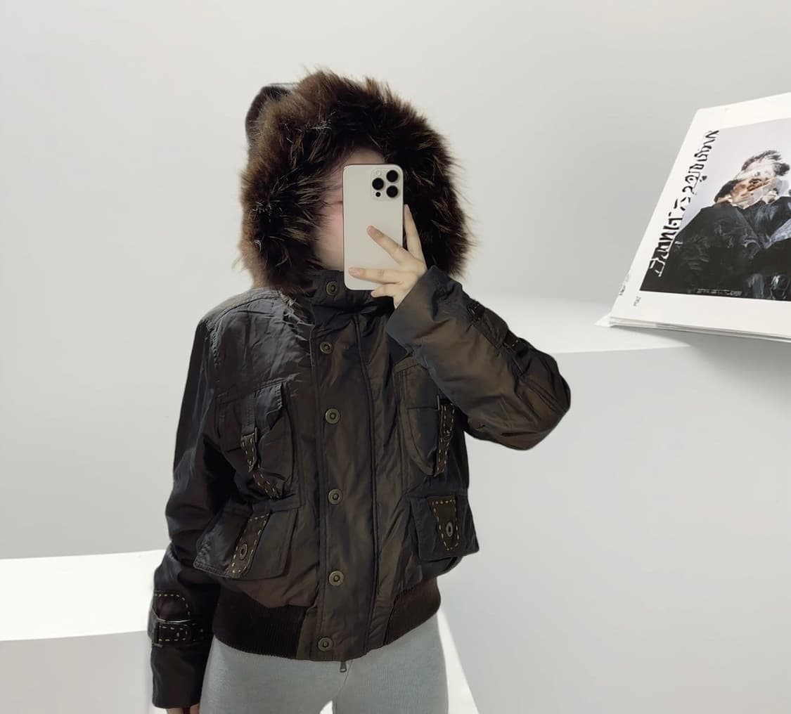 빈티지 일본 초콜릿 나일론 황동 양두지퍼 되지가죽 라쿤퍼 후드 패딩 상품이미지5