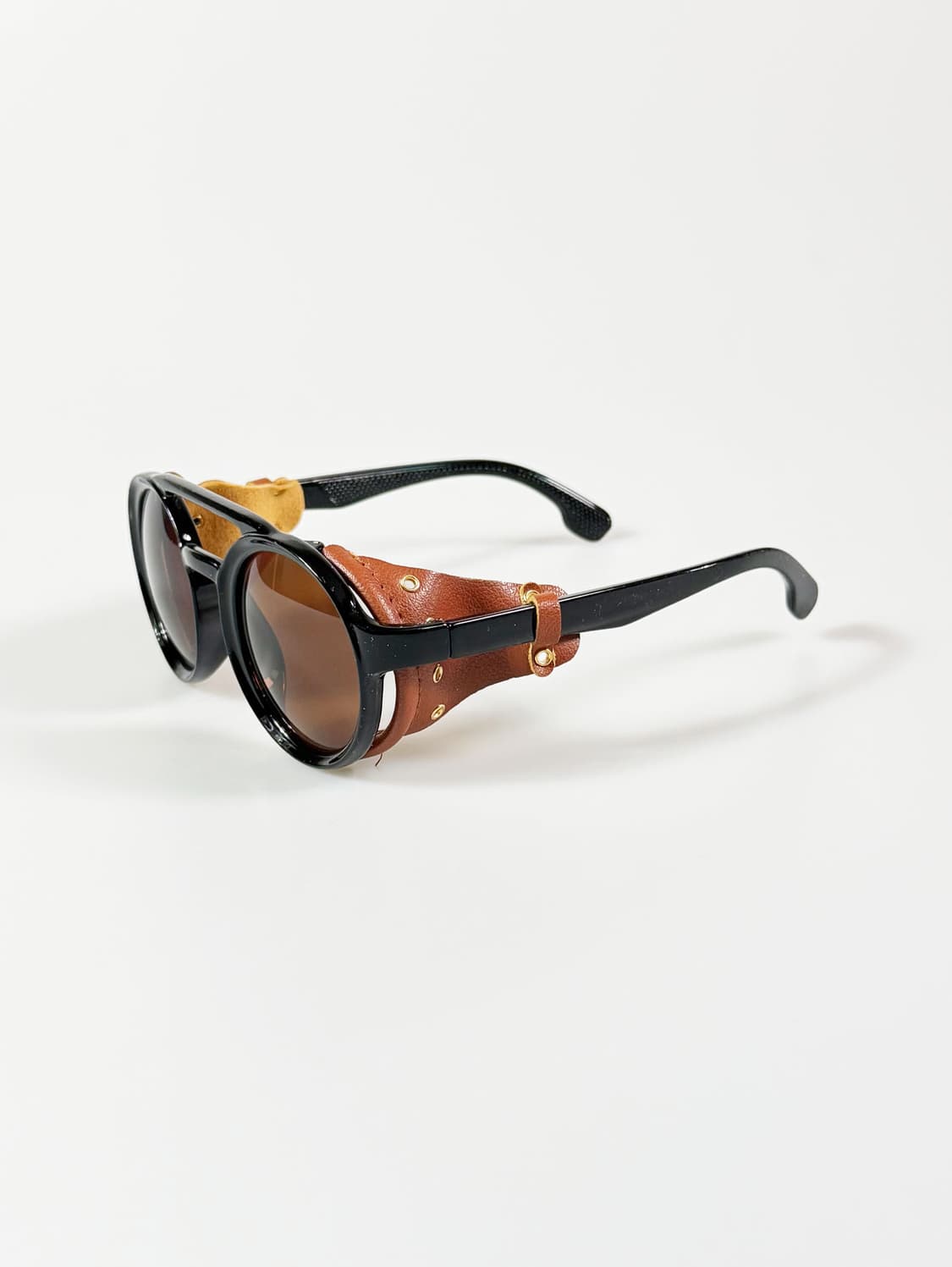 90s 블랙 더블 브릿지 레더 쉴드 라운드 고글 빈티지 틴트 선글라스 상품이미지3