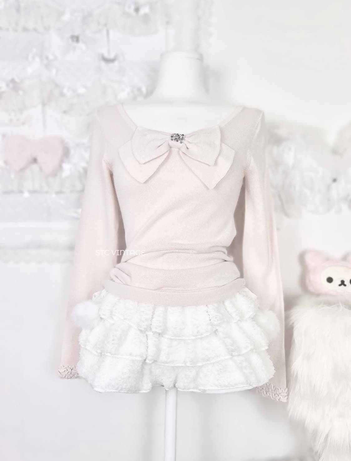 일본 빈티지 리본 큐빅 핑크 탑 로걀탑 히메갸루 stc 리즈리사  상품이미지1