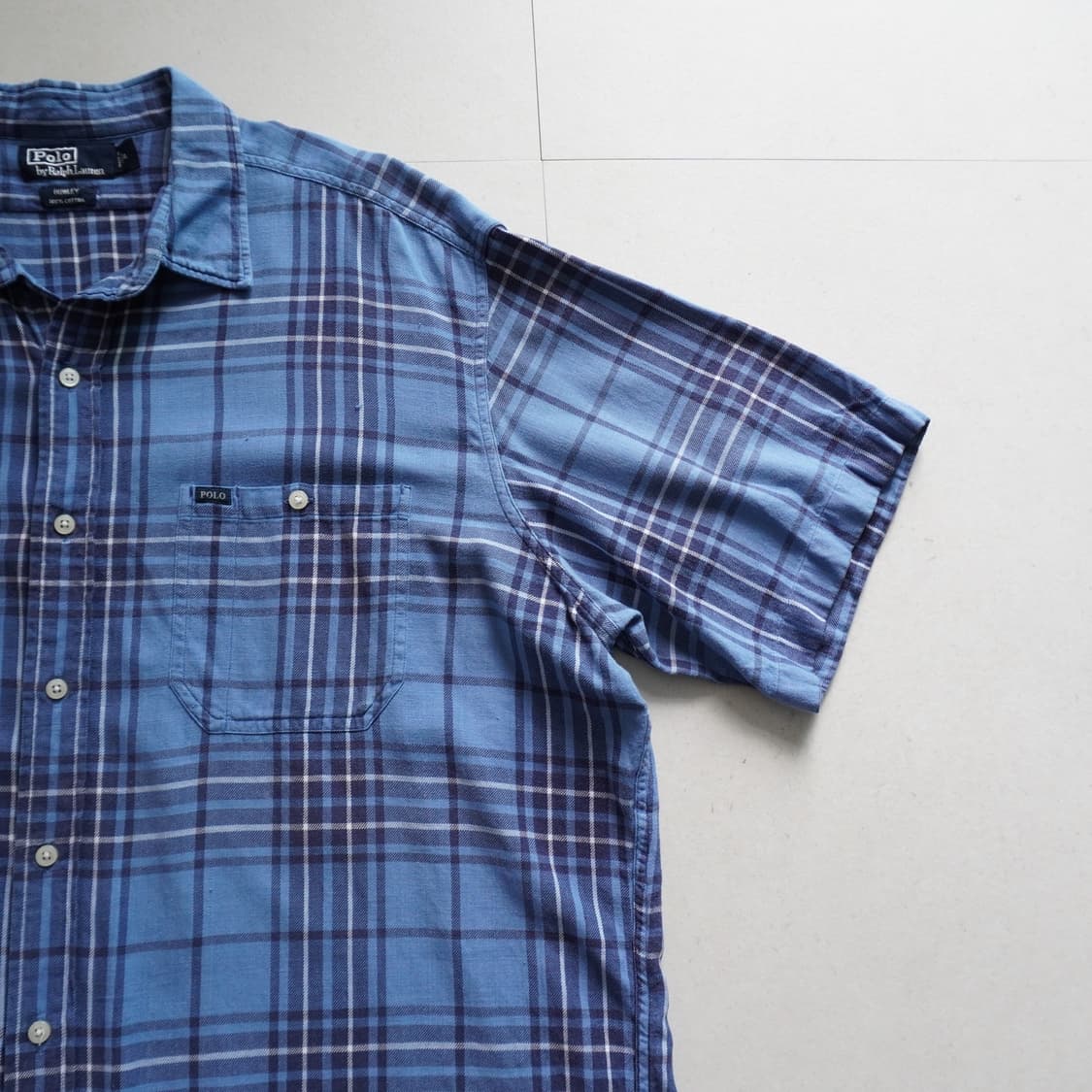90s [XL] 폴로 랄프로렌 블루 체크 반팔 셔츠 상품이미지3