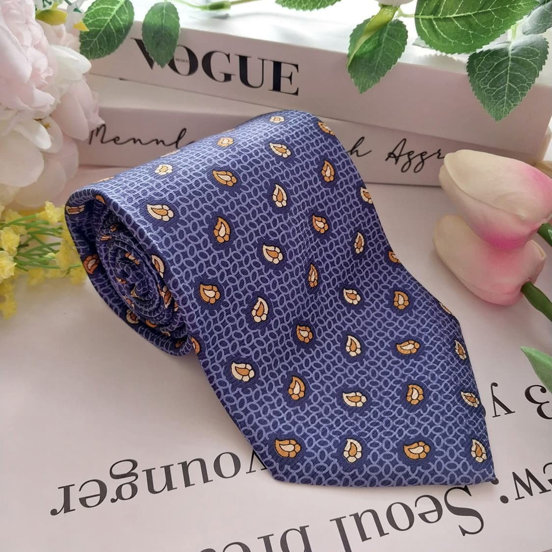 자크 에스티에 실크 블루 리프 패턴 넥타이 9.6cm 새제품 K1335
 상품이미지1