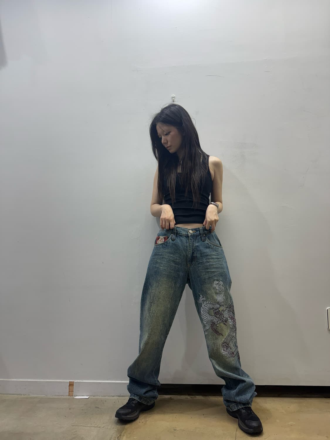 오리엔탈 자수 디테일 와이드 데님 팬츠 상품이미지5
