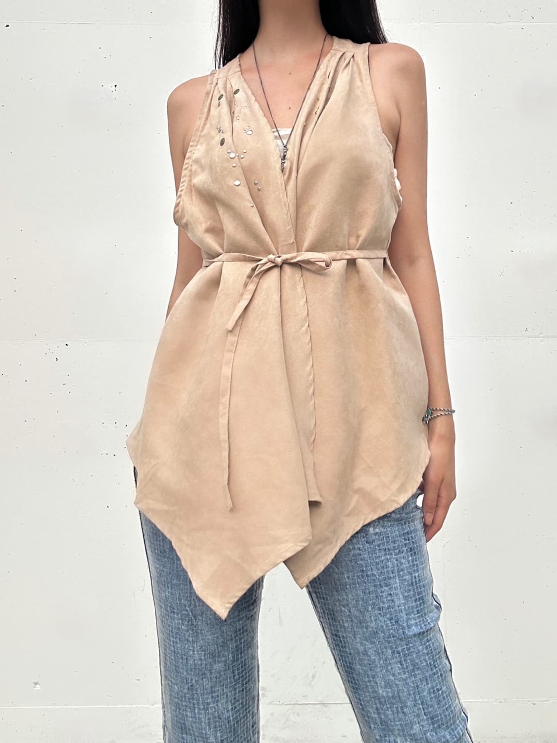 Western mini stud velvet vest / brown 상품이미지3