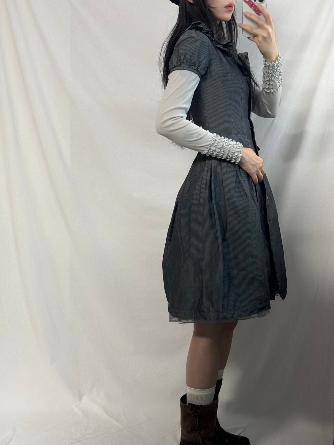 퍼프 슬리브 레이어드 샤 드레스 메쉬 블라우스 2pcs SET 상품이미지3