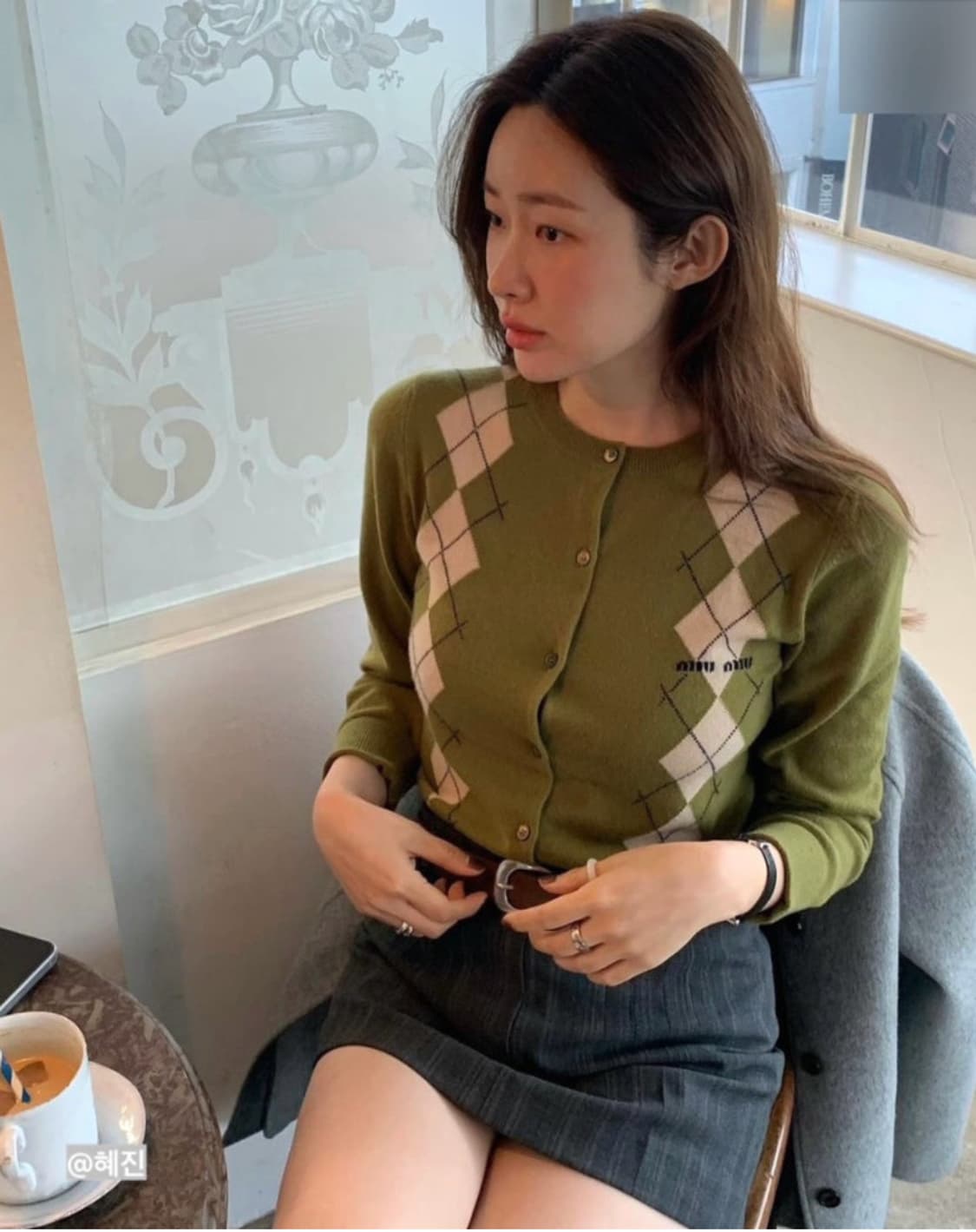 MiuMiu 미우미우 아가일 캐시미어 가디건 올리브 상품이미지3