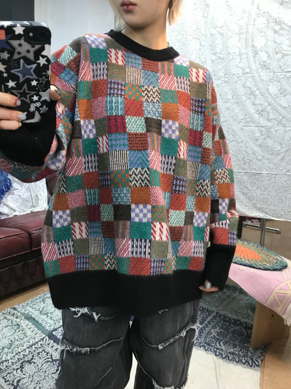 빈티지 패턴 체크 니트  상품이미지1