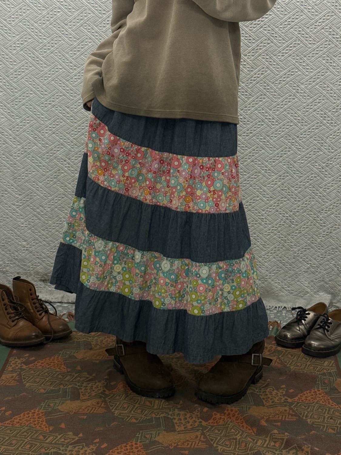 빈티지 모리 하구미 에스닉 히피 플라워 패치워크 롱스커트 K0158 상품이미지1