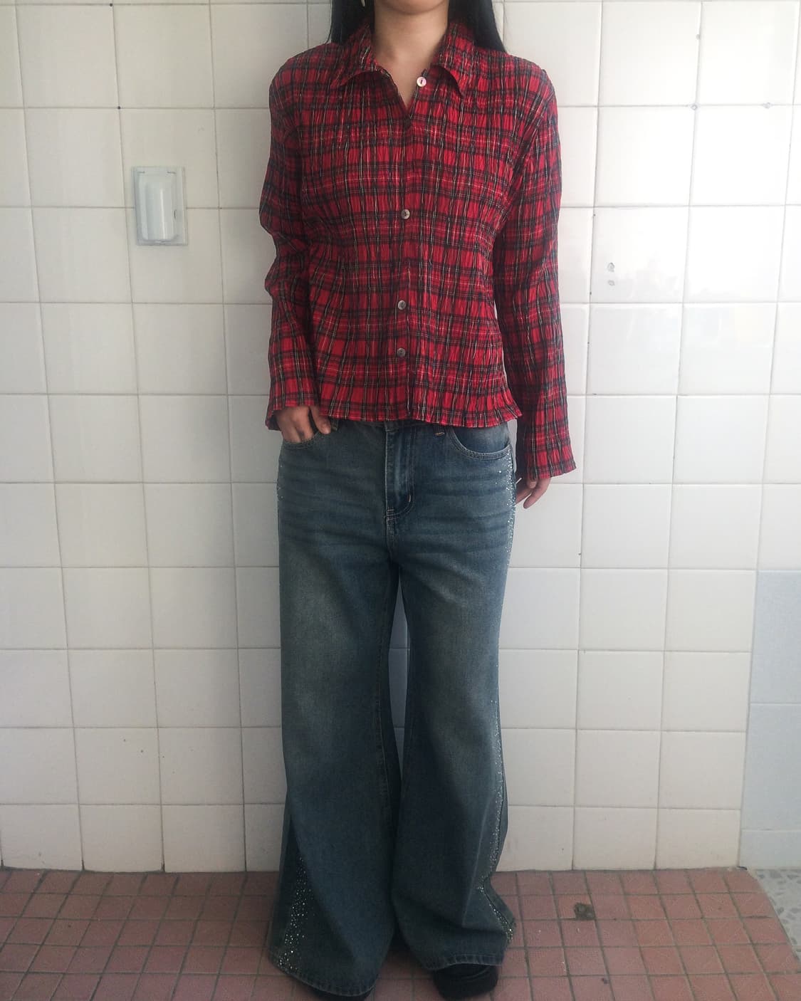 Check pattern pleats shirt 상품이미지1
