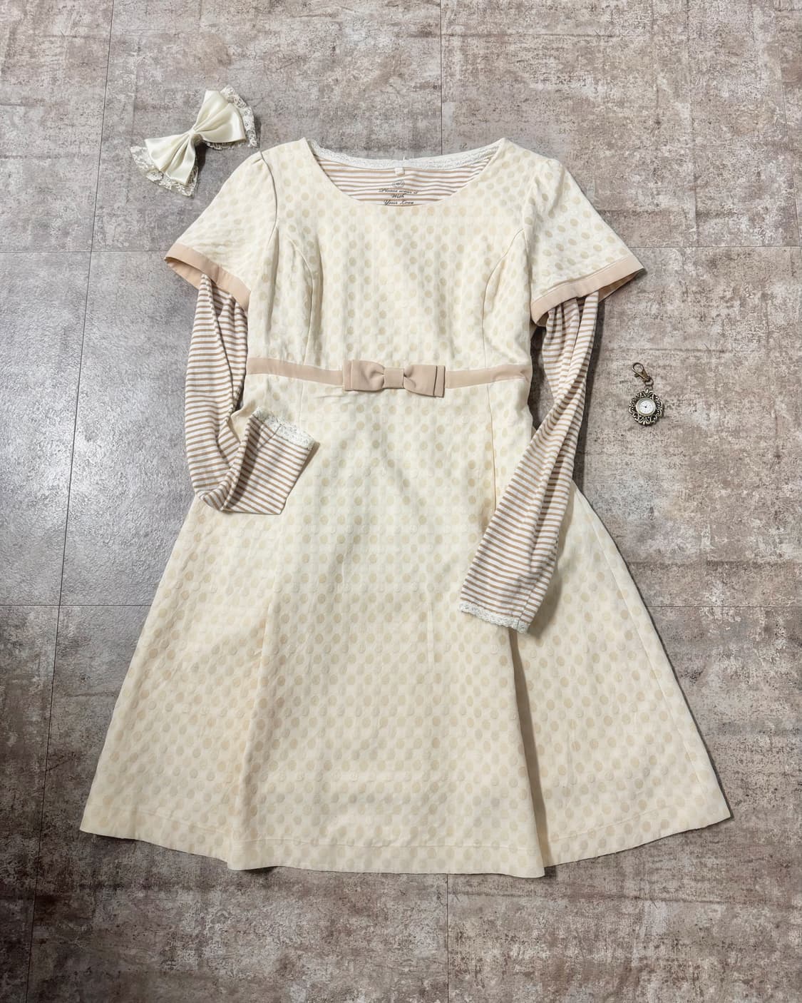 도트 패턴 리본 원피스 레이스 이너 티 2pcs SET 상품이미지1