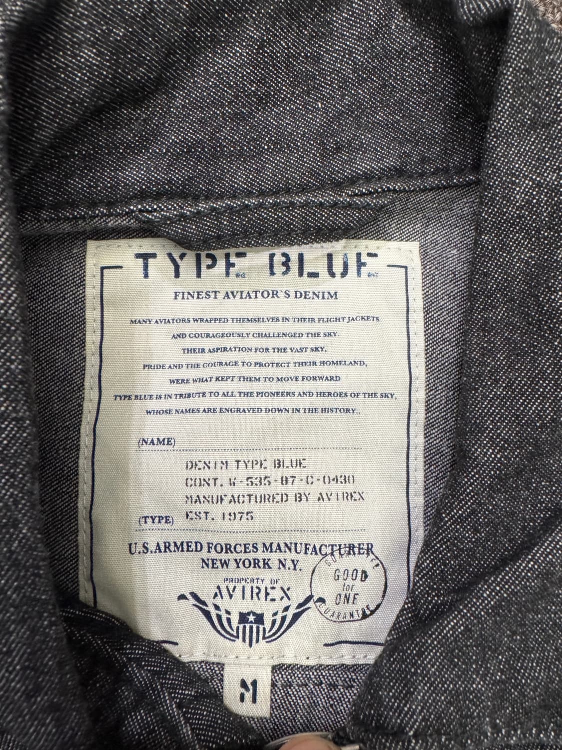 M)AVIREX USA 빈티지TYPE BLUE 흑청 데님 집업 자켓 상품이미지4