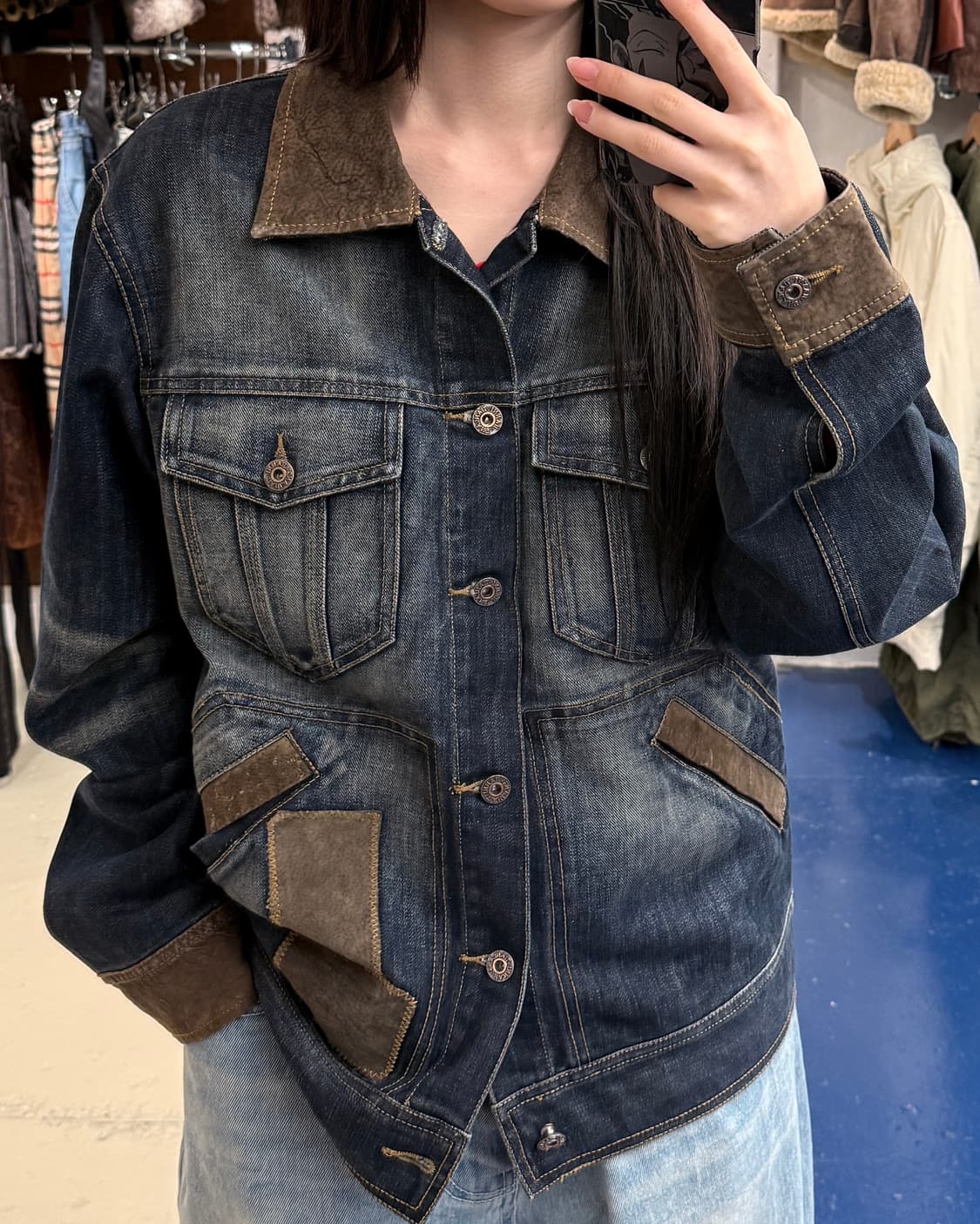 Tianlang Jianni 스웨이드 패치 데님 자켓 상품이미지1