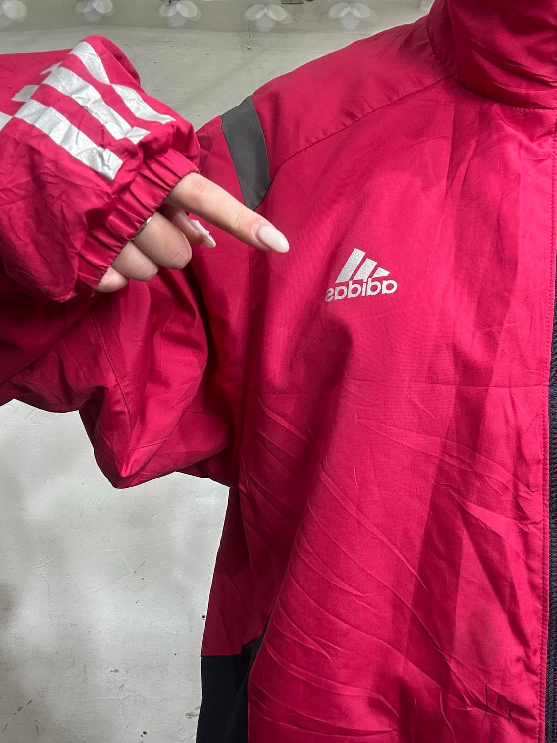 00s 아디다스 버건디 레드 삼선 오버핏 바람막이 자켓 M 상품이미지4