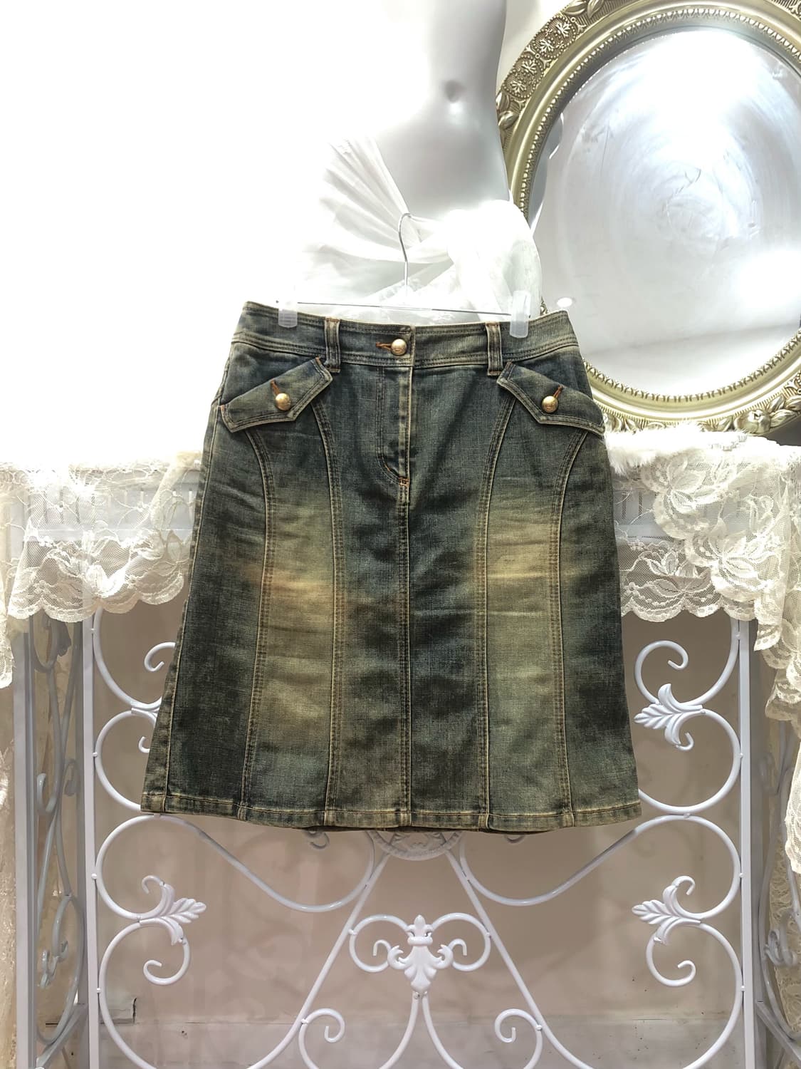 gold button yellow wash midi skirt 상품이미지1