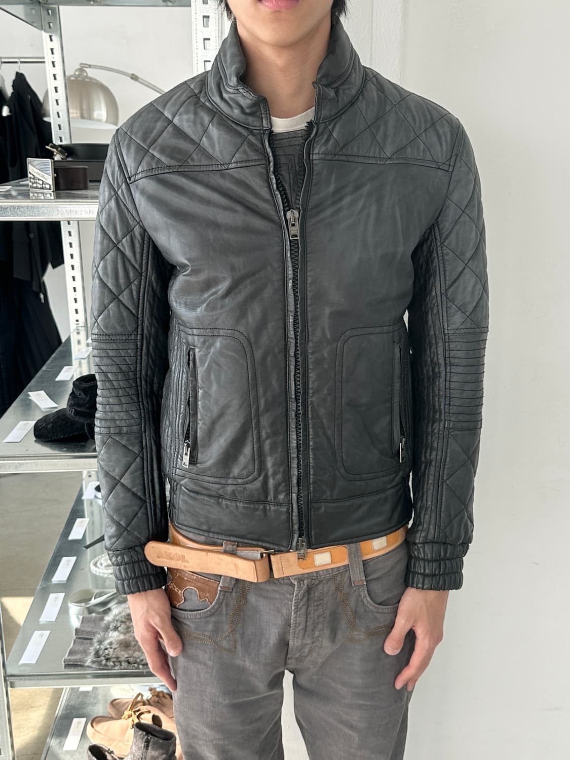 조르지오 브라토 워시드 퀄팅 바이커 레더 자켓 상품이미지4