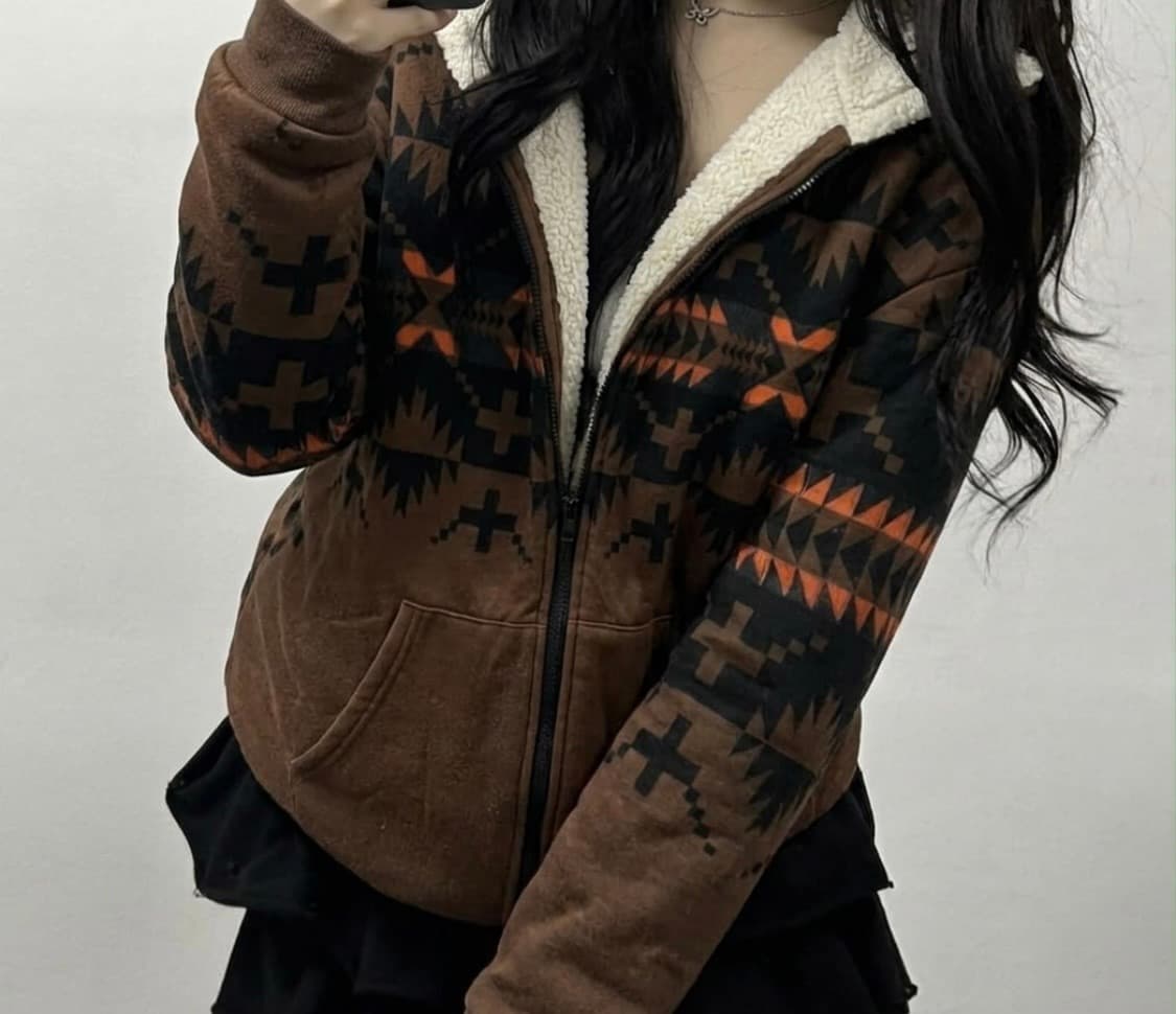 기하학 레트로 양털 후드집업 M 상품이미지1