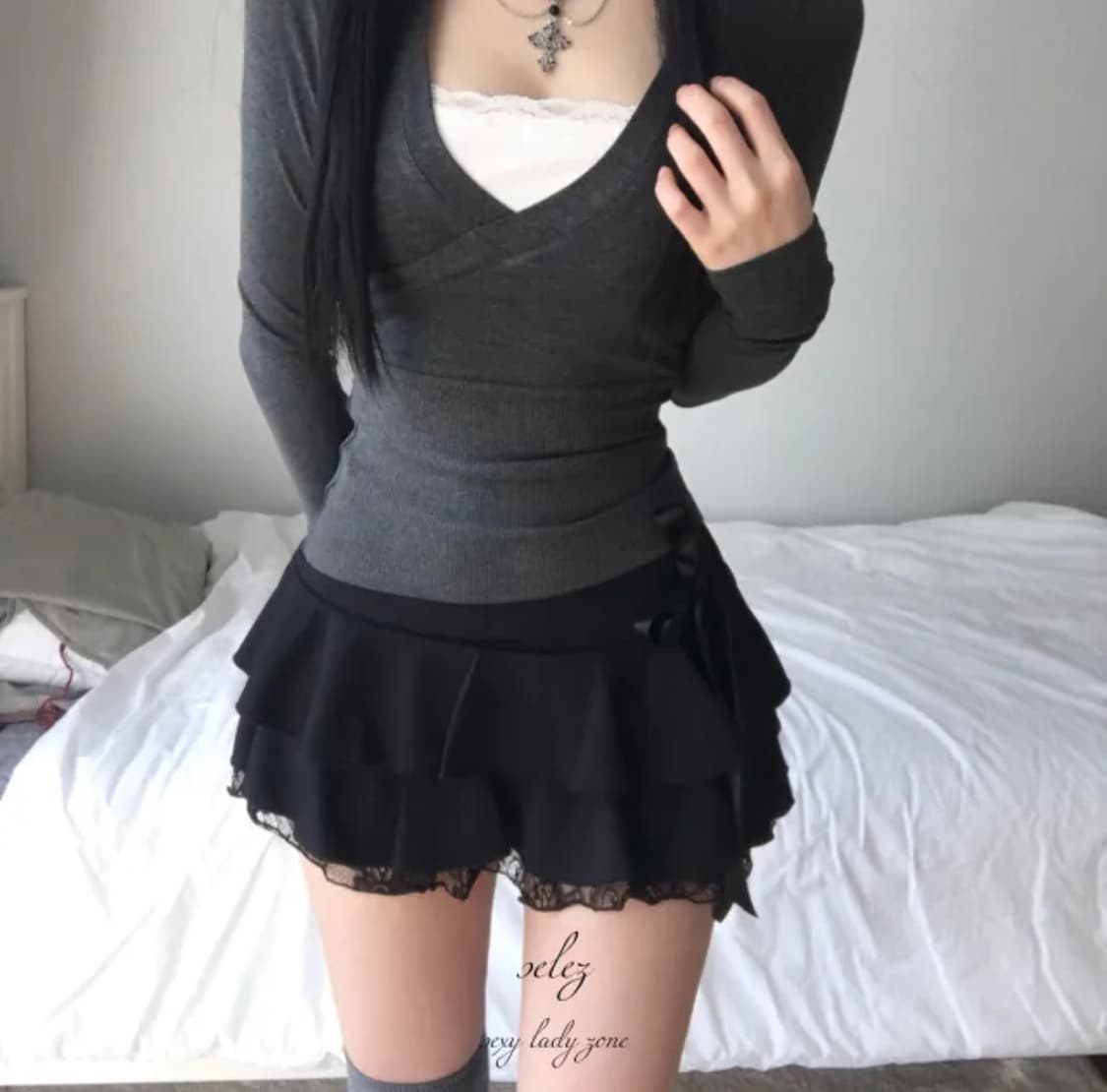 블랙 리본 캉캉 레이스 미니스커트 상품이미지1