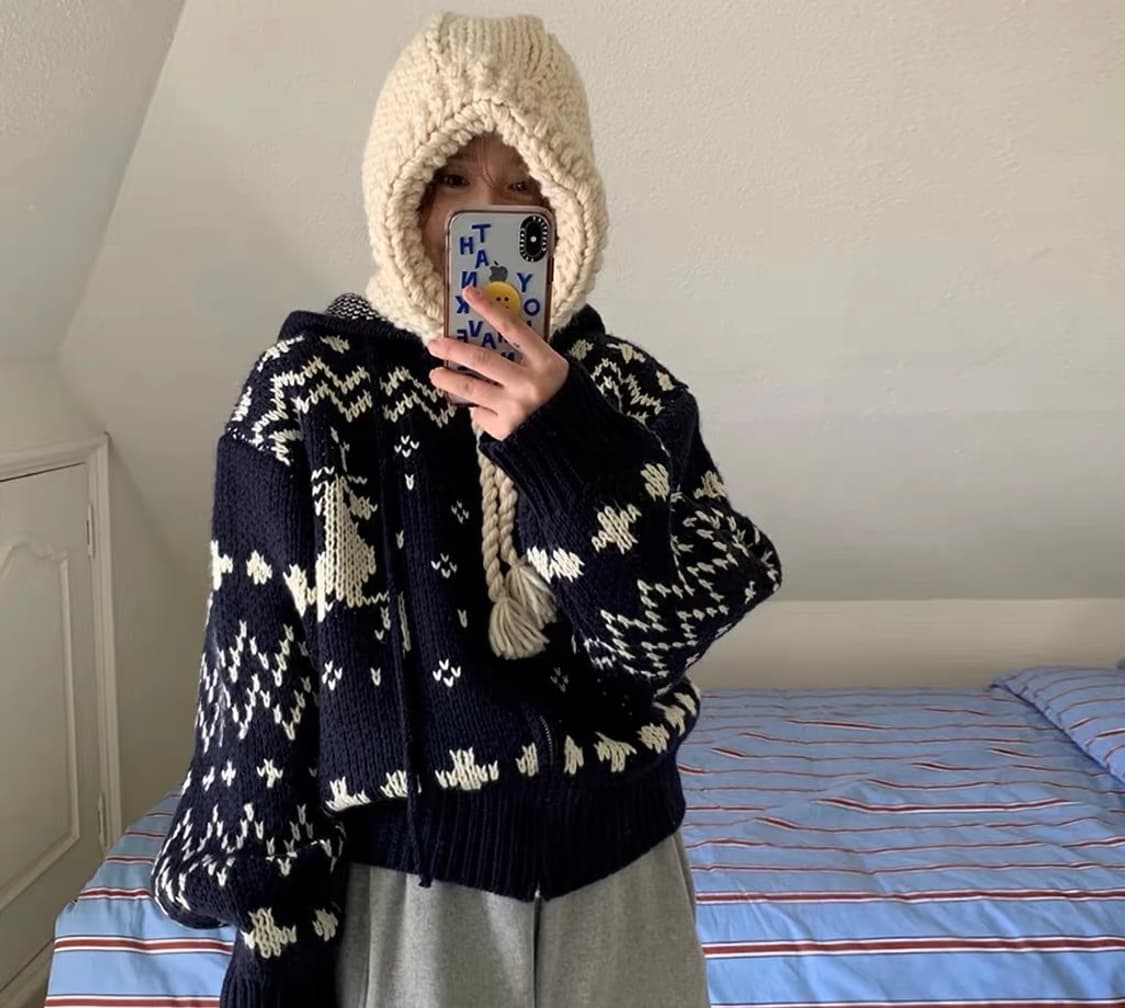 노르딕 사슴 후드집업 니트 연말 겨울 여행룩 새상품 상품이미지3