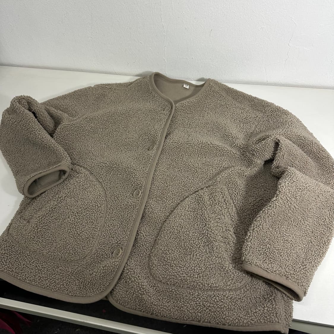 우먼XL 유니클로 카키그레이 논카라 뽀글이 후리스 자켓 상품이미지1