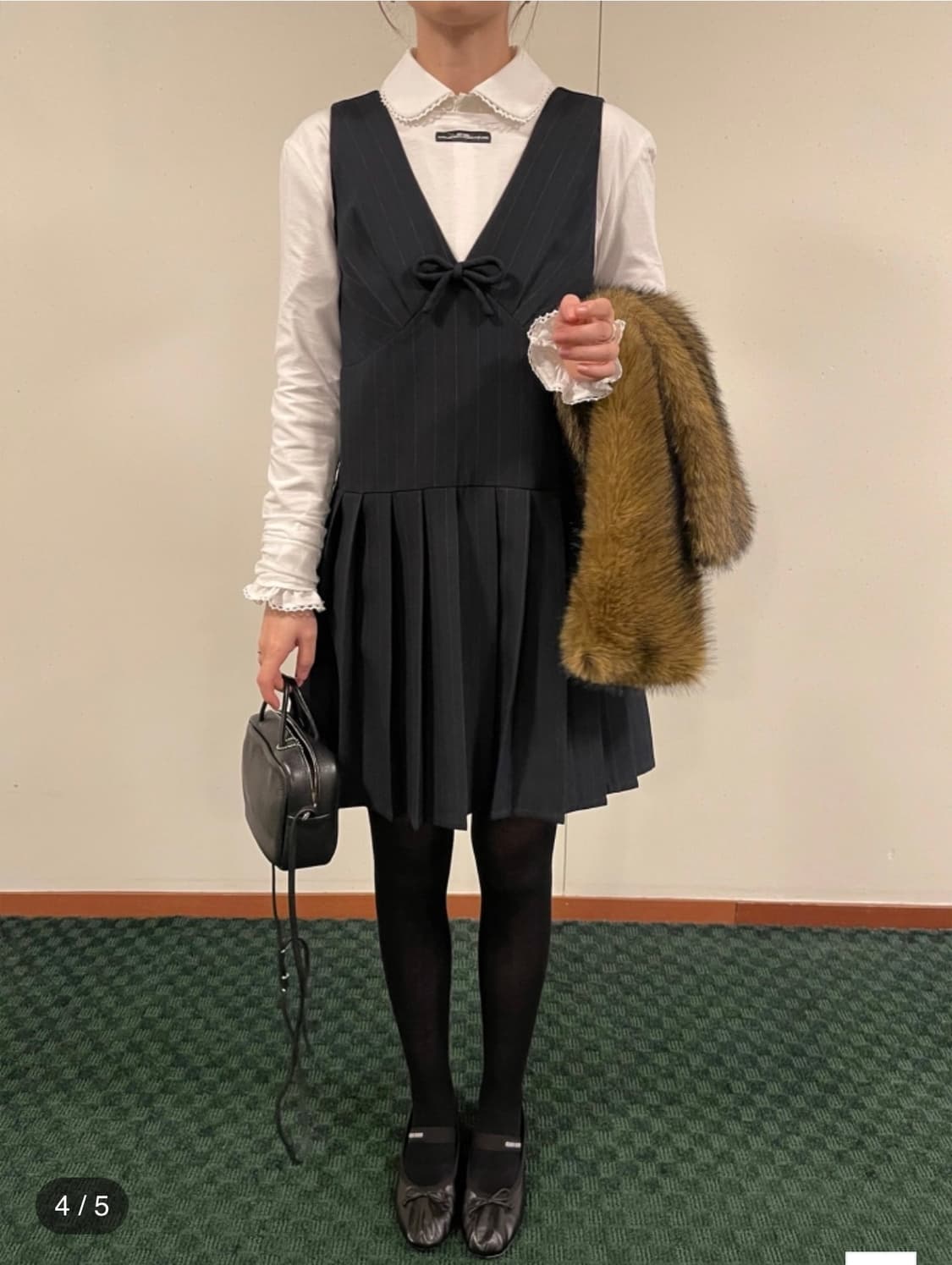 PFF GIRL 다크 블루 브이넥 보우헴 플리츠 원피스 M 상품이미지2