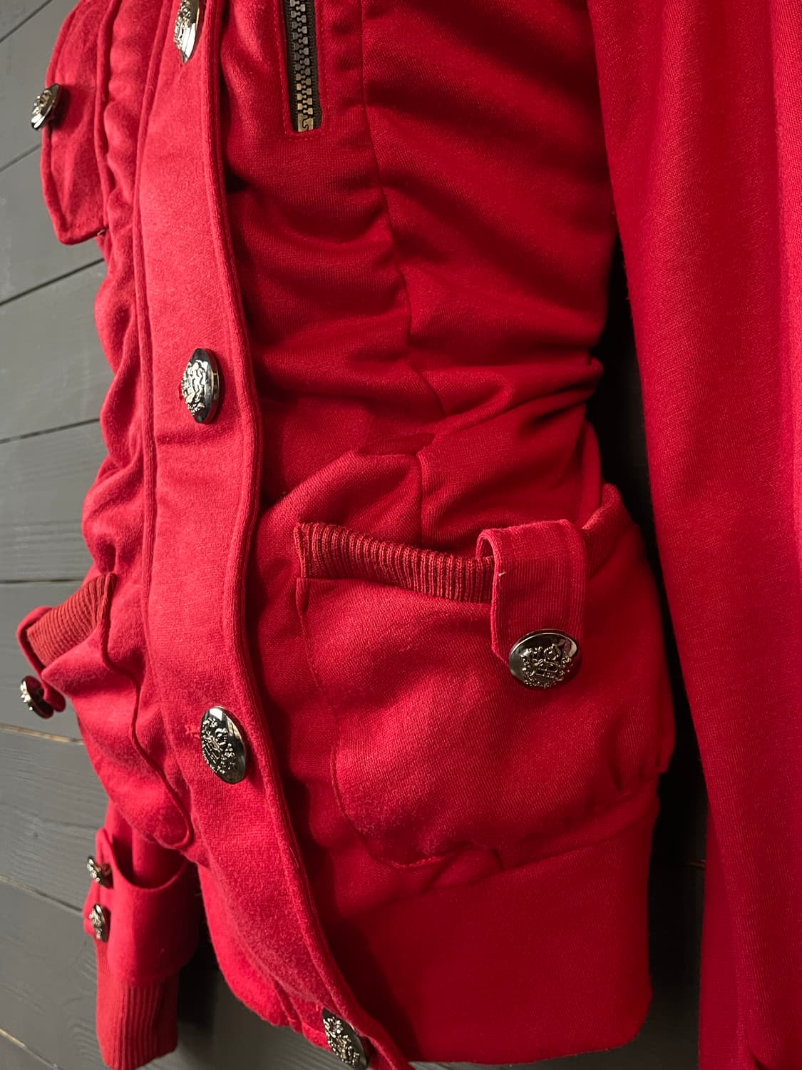 JPN 펑크 골드버튼 금장 레드 후드 셔링 자켓 상품이미지4