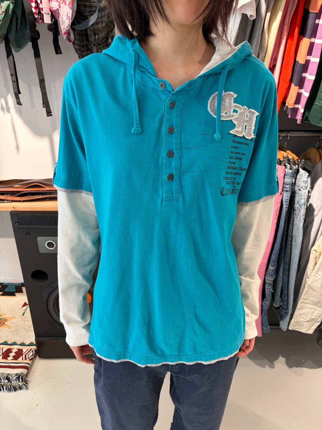 CHASE 21 민트 블루 레이어드 후드 티셔츠 S 상품이미지1