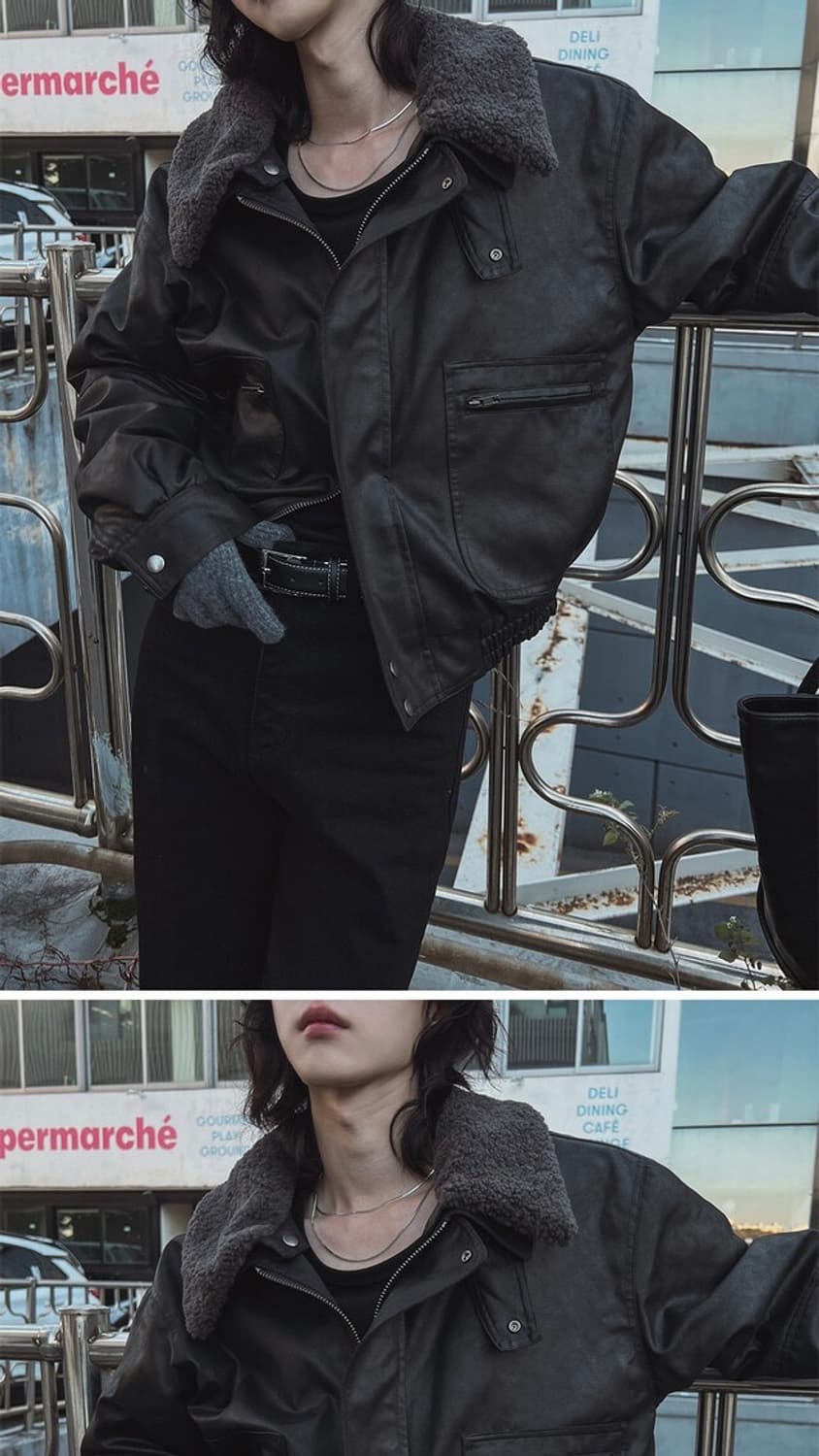 로우칸 크랙 숏 무스탕 블랙 상품이미지2