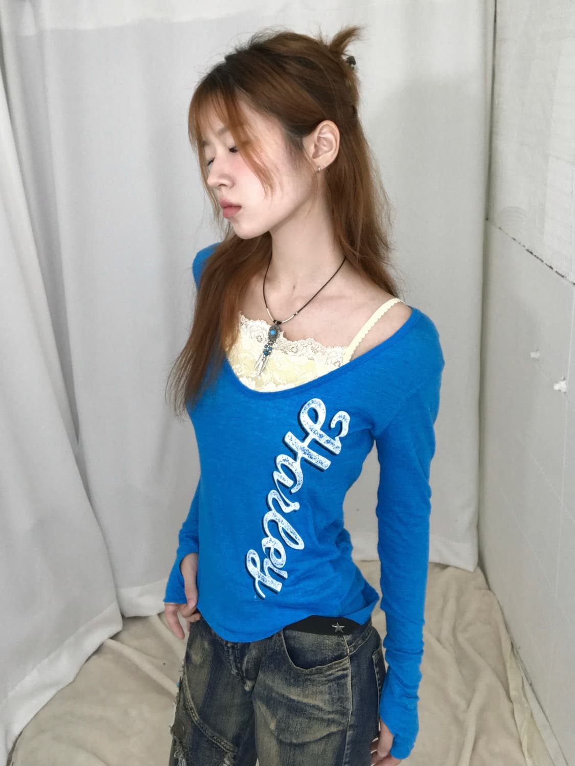 (상의 세트) 할리데이비슨 블루 롱슬리브, 레이스 나시 세트 상품이미지1