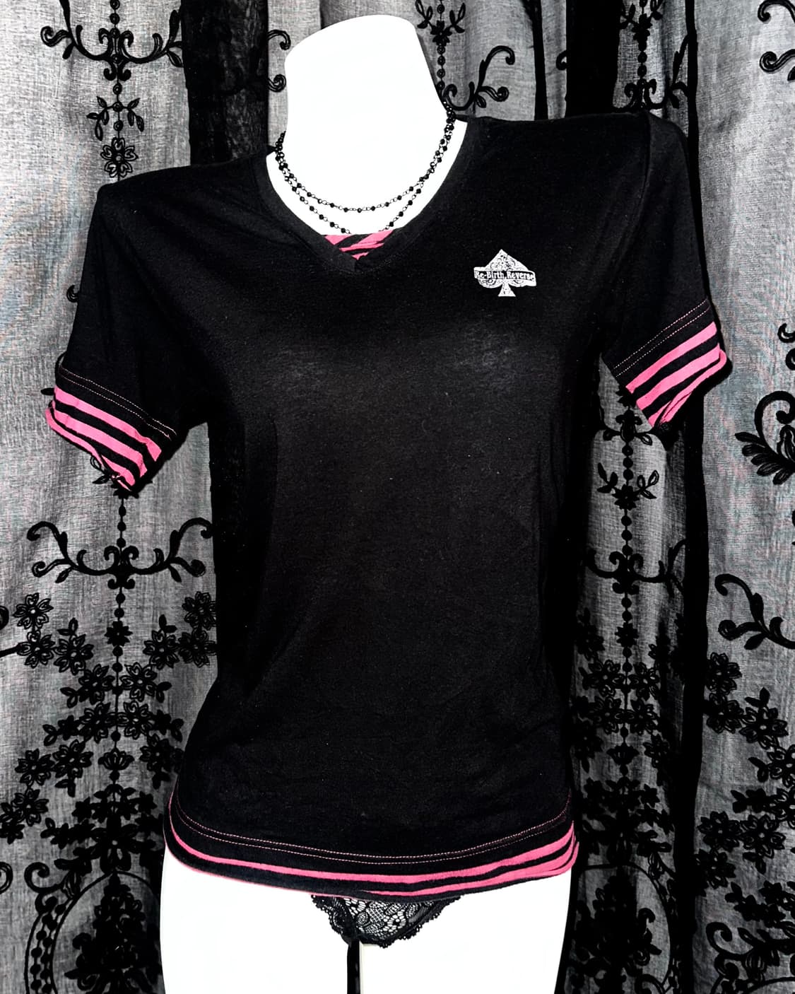 pink stripe black short sleeve 상품이미지2