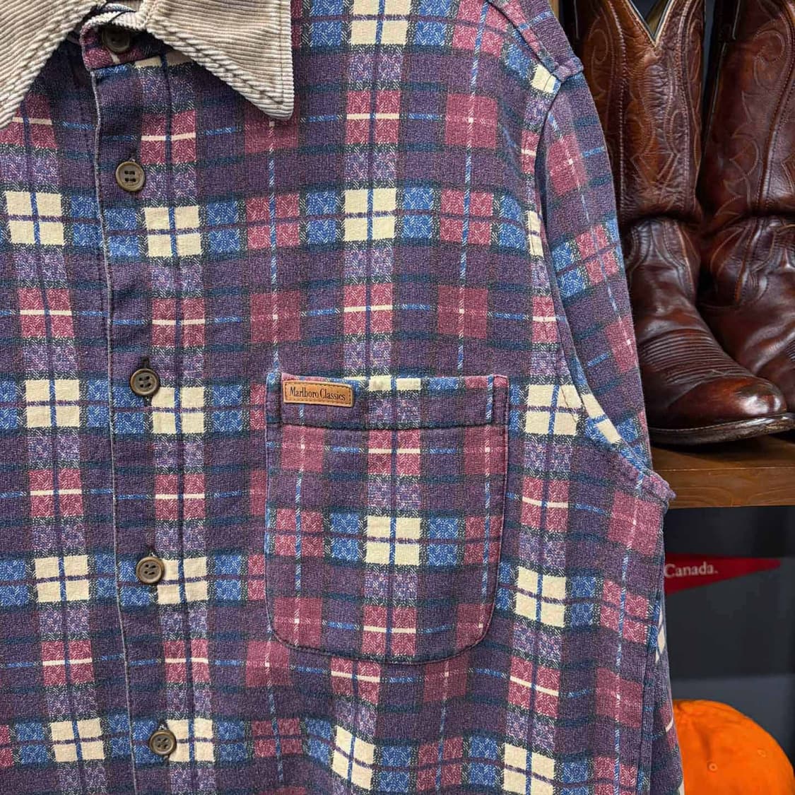 90s 말보로 클래식 USA 코듀로이 카라 체크 포켓 셔츠 N495 상품이미지4