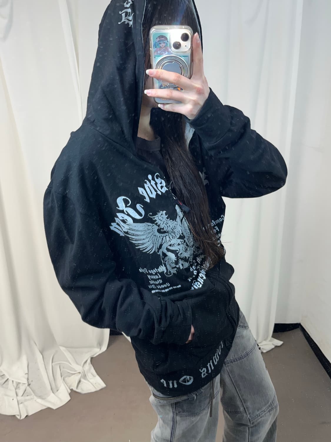 블랙 펑크 프린팅 후드집업 상품이미지3