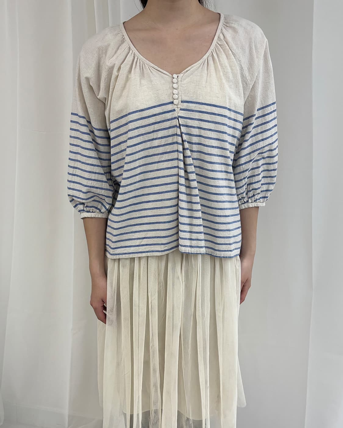 marina half stripe linen mixed blouse 상품이미지7