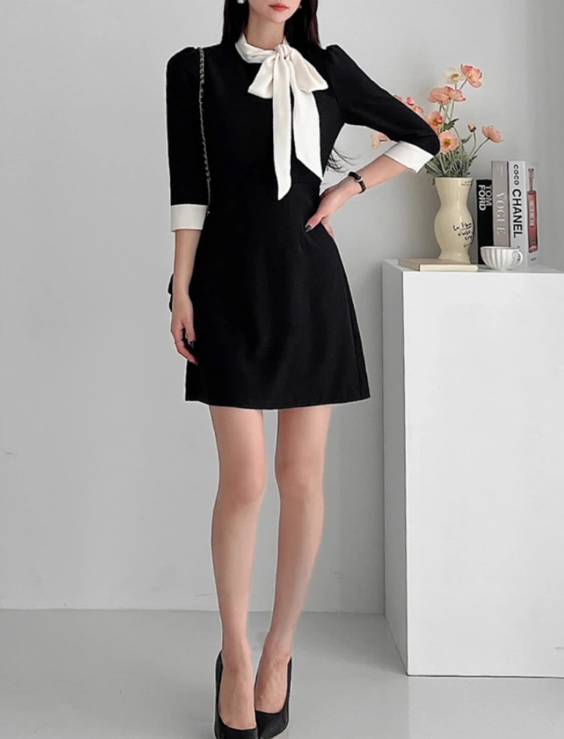 하객룩! 블랙 타이 미니 원피스 상품이미지2