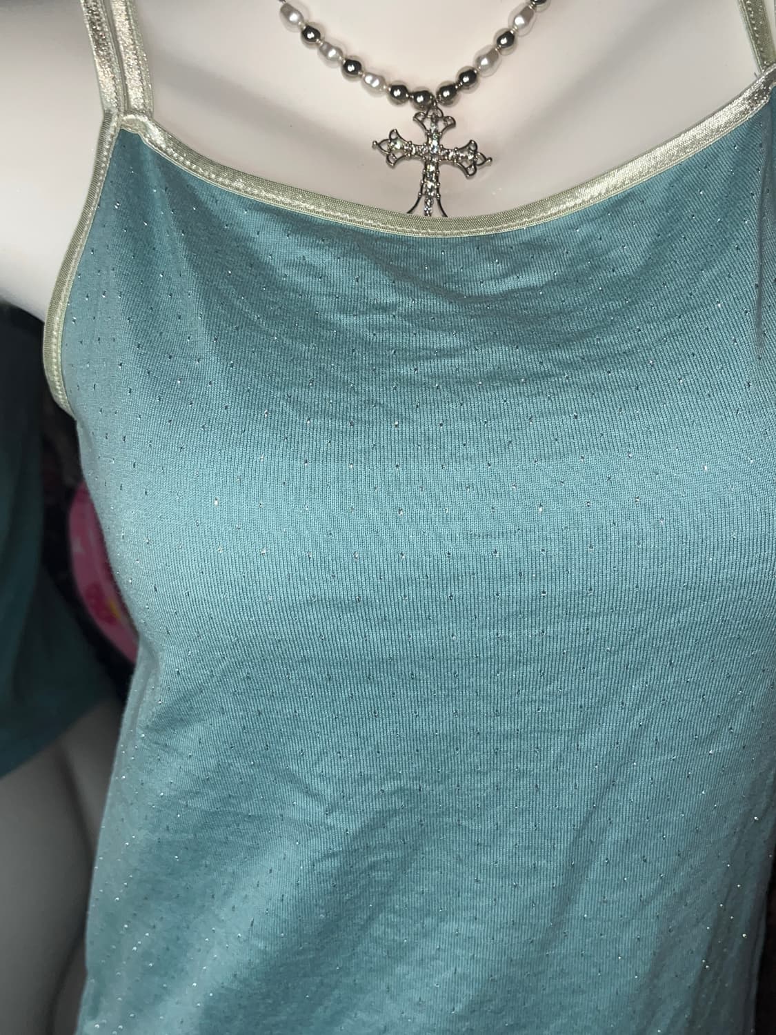 y2k 민트 실버 글리터 땡땡이 슬리브리스 상품이미지2