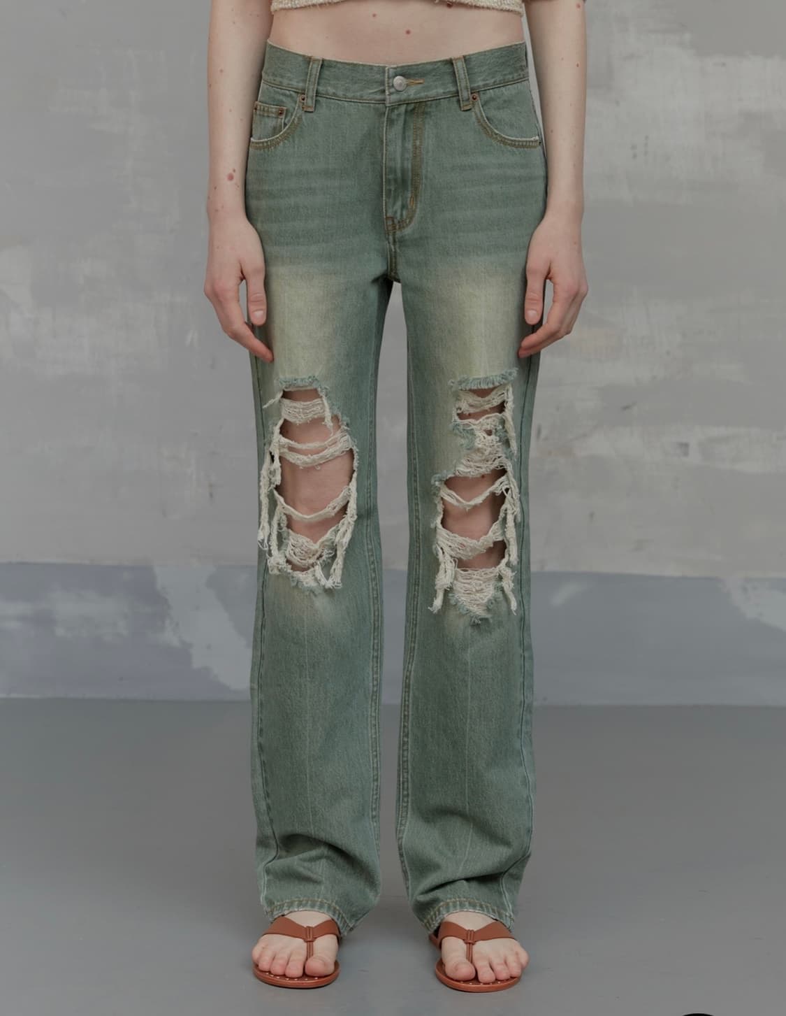 새상품 솔티페블 데미지 그린 팬츠 M 상품이미지1