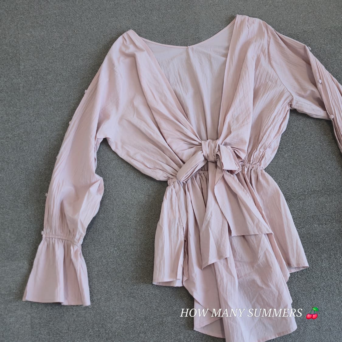 ​면 100% 연핑크 브이넥 리본 벨소매 블라우스 상품이미지2